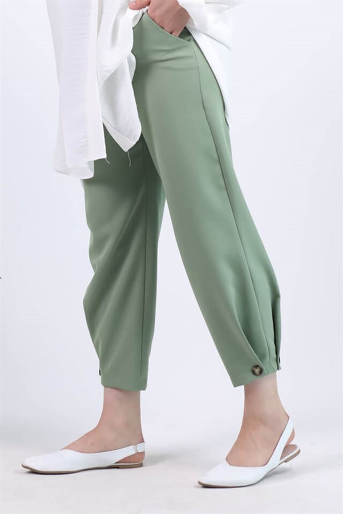 Kadın Bileği Düğme Detaylı Pantolon - Yeşil