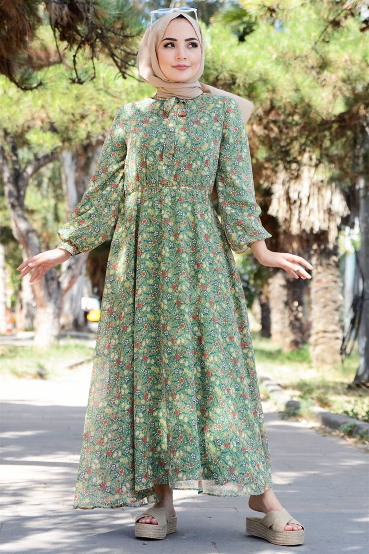 Kadın Çiçek Desenli Şifon Elbise - Açık Yeşil
