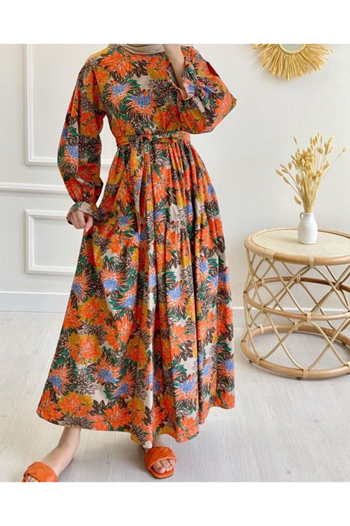 Kadın Desenli Elbise - Oranj