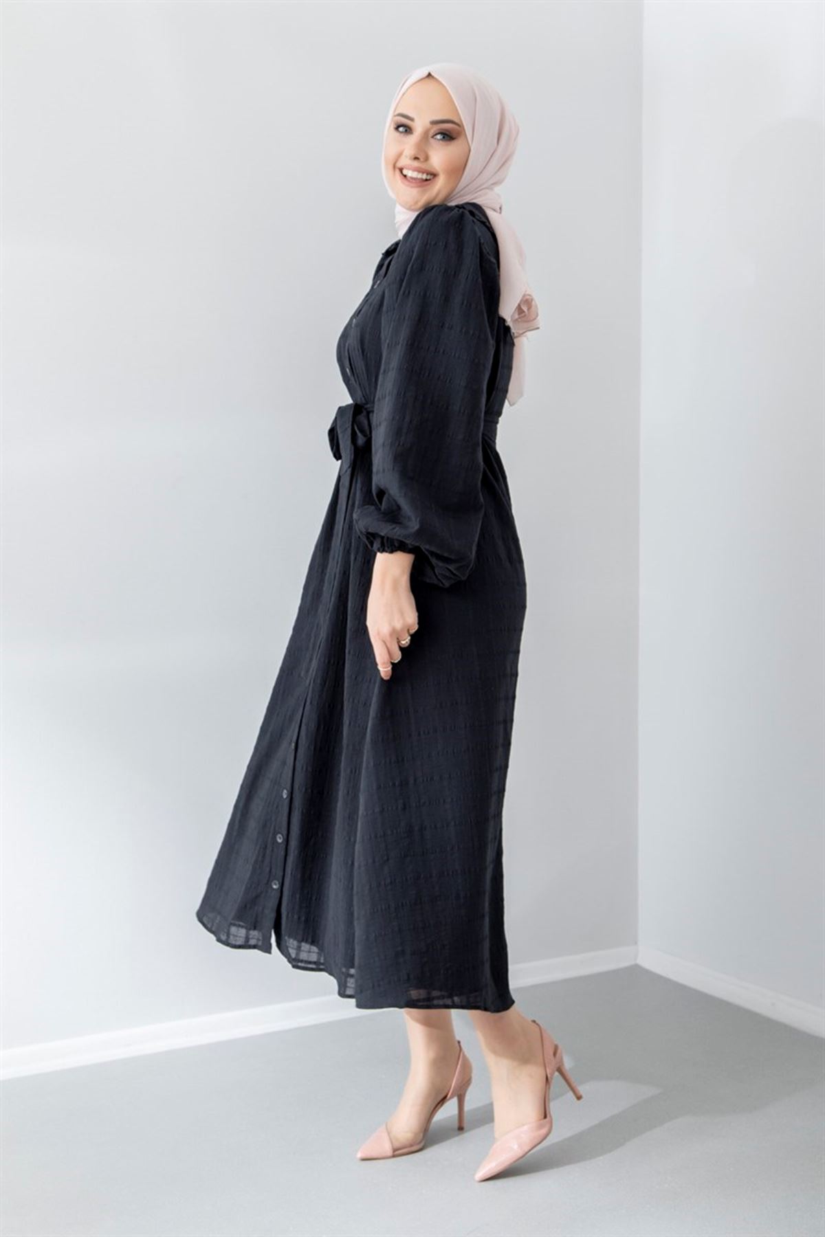 Kadın Boydan Düğmeli Elbise - Siyah
