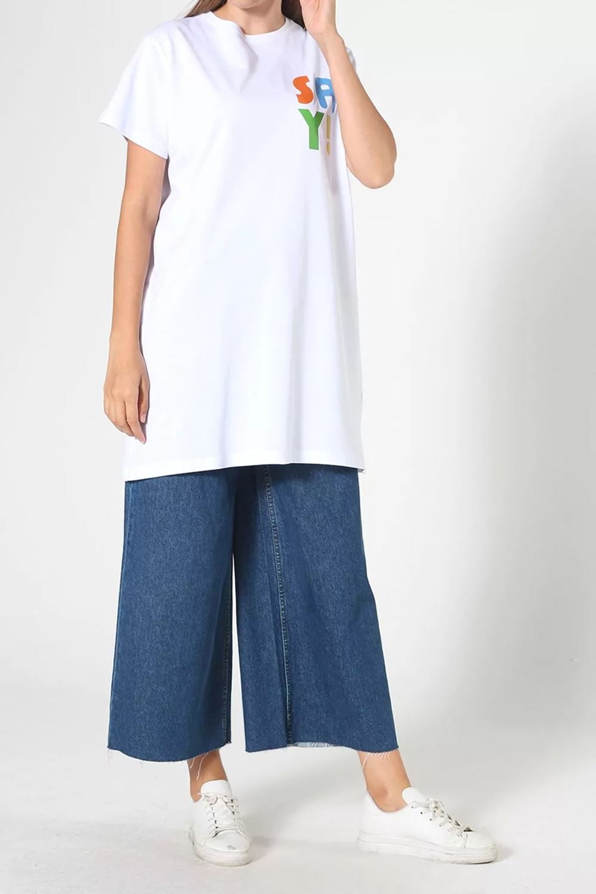 Kadın Baskılı Uzun T-Shirt - Beyaz