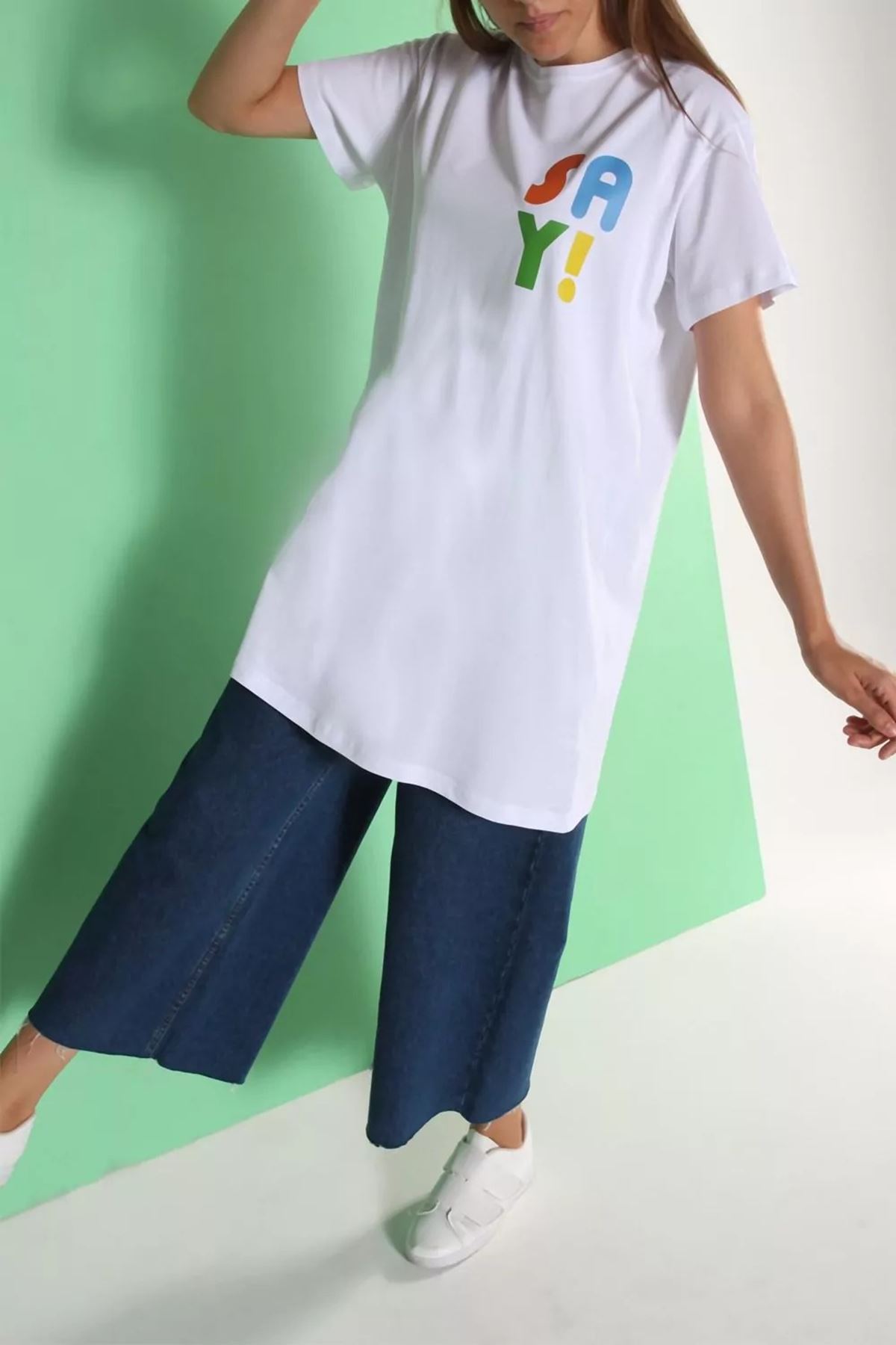 Kadın Baskılı Uzun T-Shirt - Beyaz