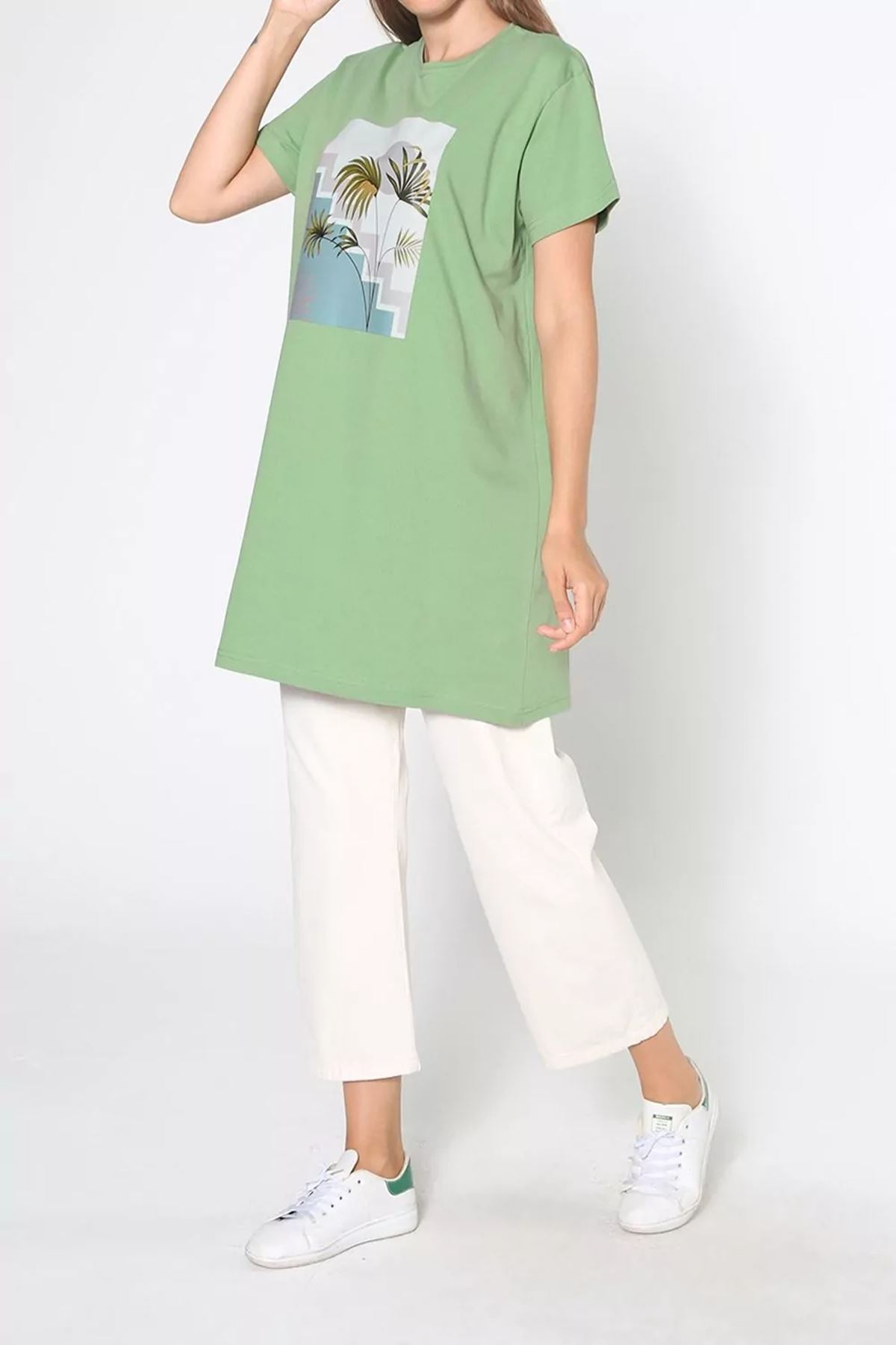 Kadın Baskılı Uzun T-Shirt - Fıstık Yeşili