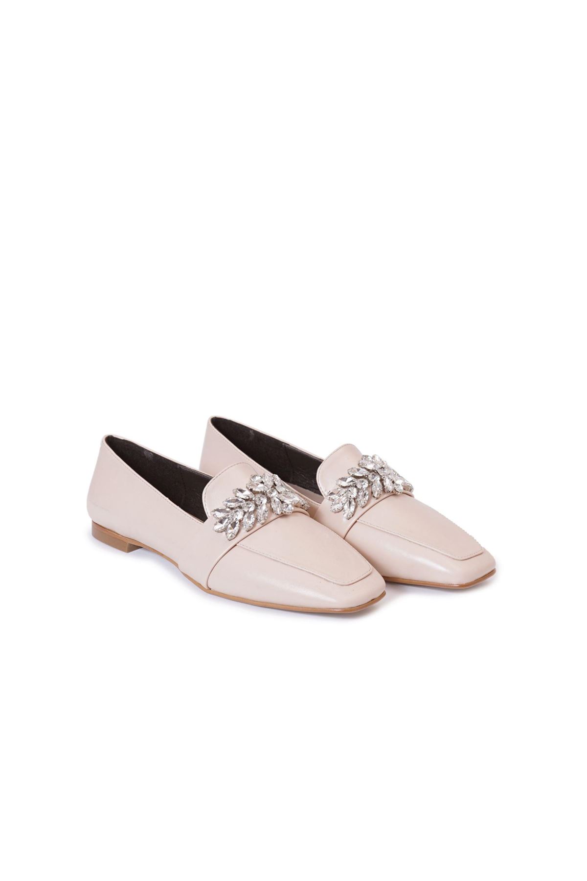 Kadın Çiçek Taşlı Loafer Ayakkabı - Bej
