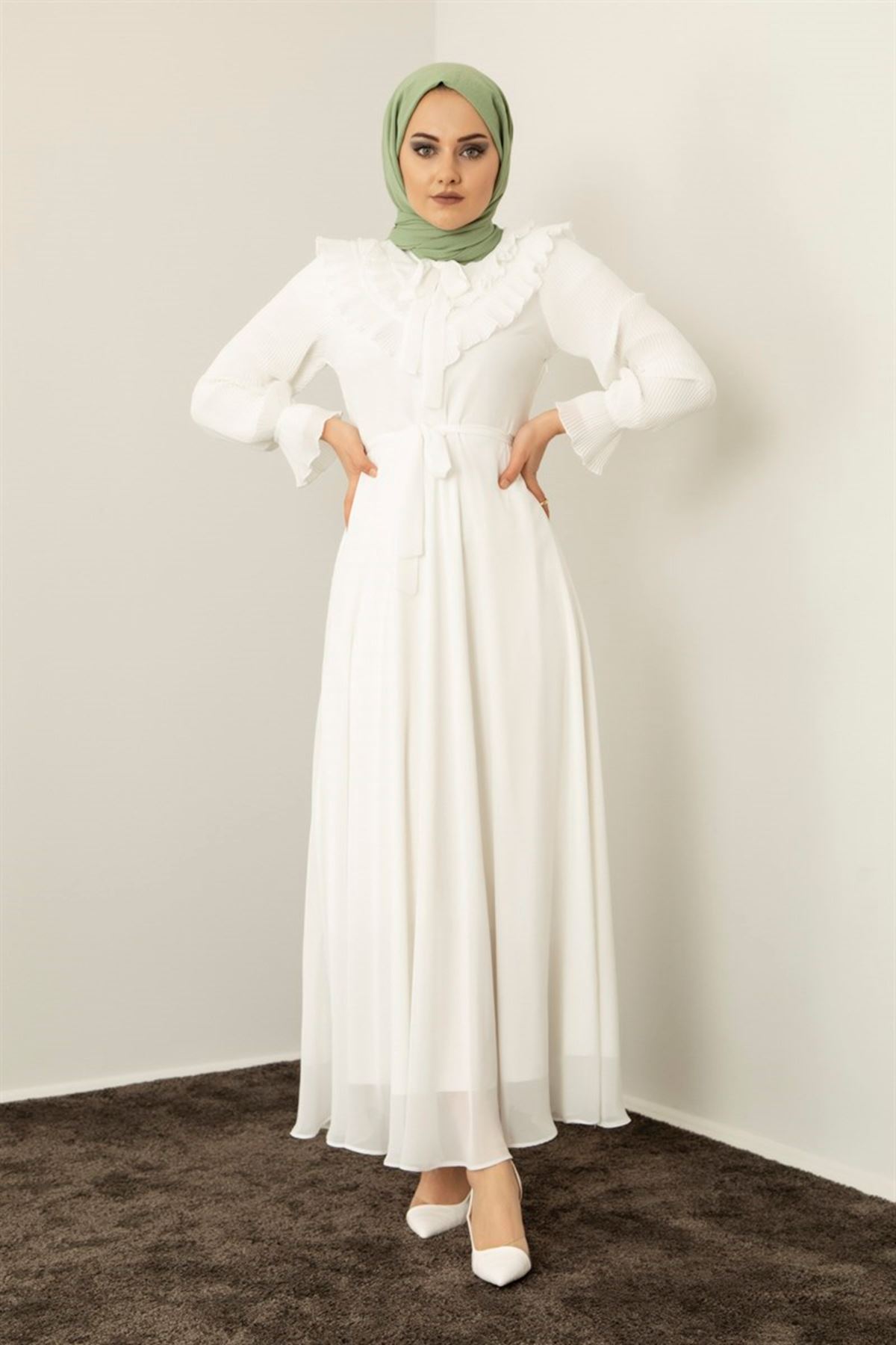 Kadın Pilise Fırfır Detaylı Elbise - Beyaz