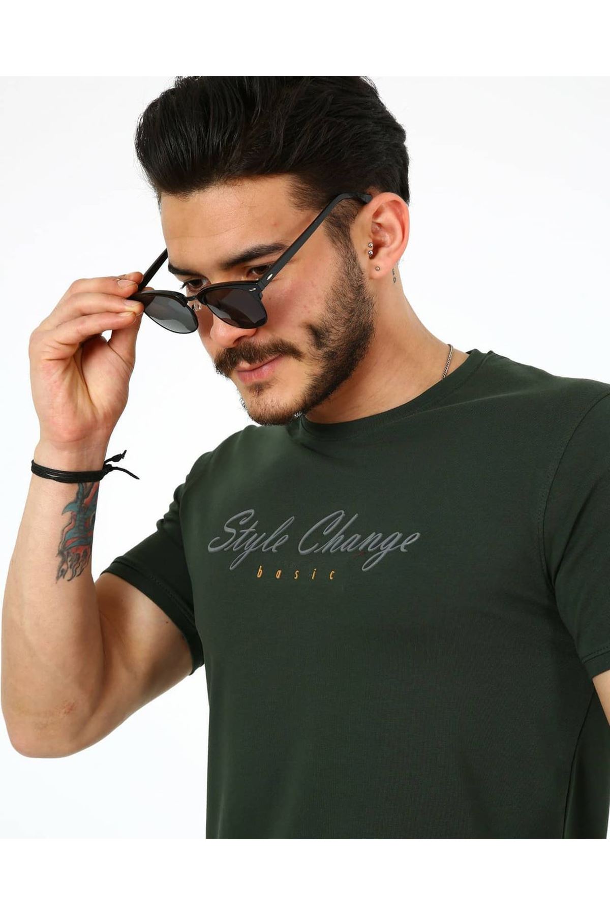 Erkek Style Change Kabartma Basic T-Shirt - Haki