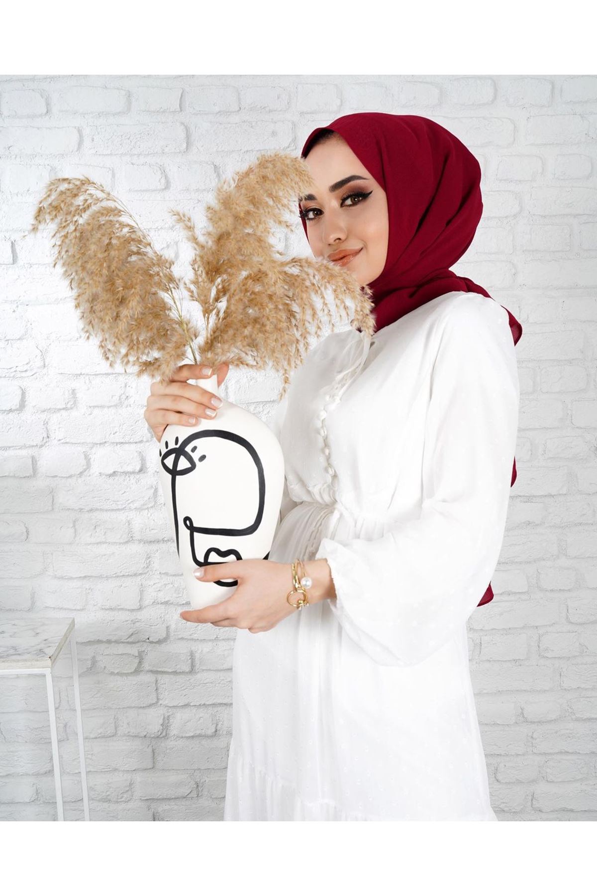 Kadın Puantiye İşlemeli Elbise - Beyaz