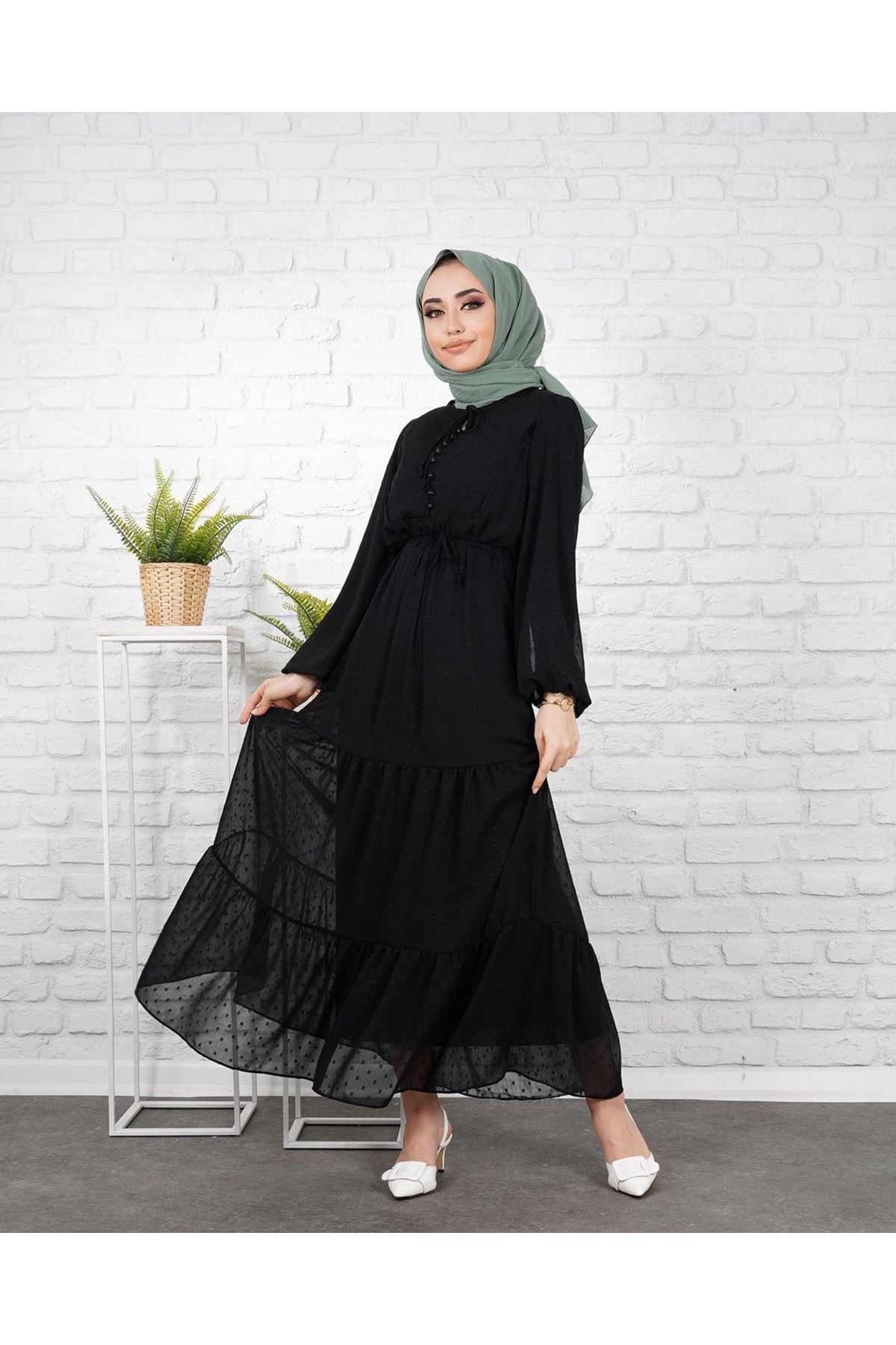 Kadın Puantiye İşlemeli Elbise - Siyah