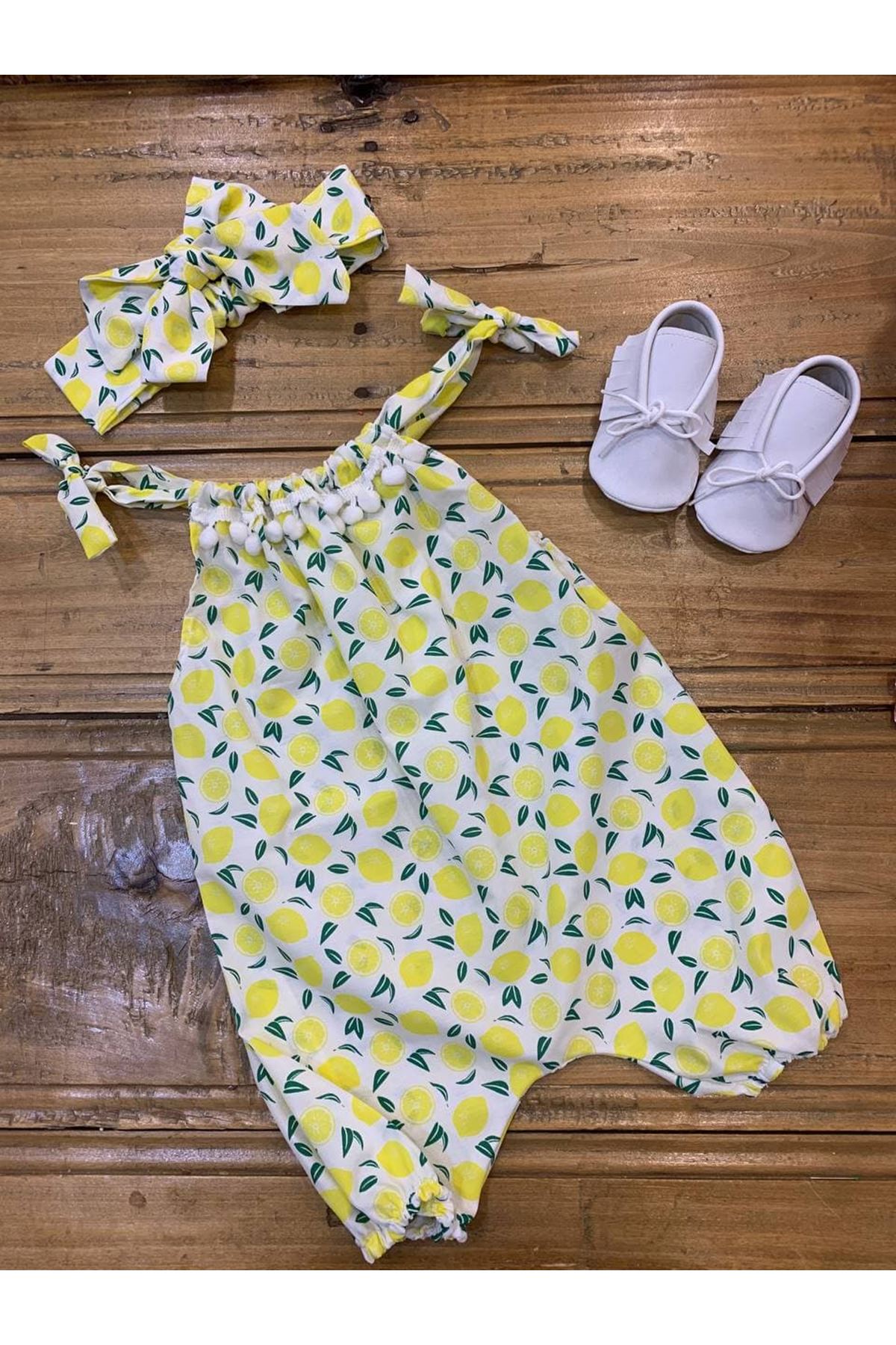Baby Tuğra Bebek Limon Desenli Ponponlu Tulum - Limon Sarısı