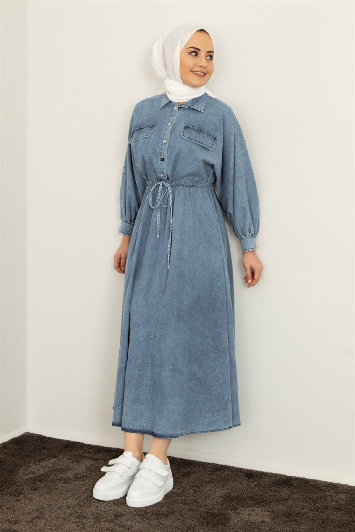 Kadın Belden Bağcıklı Kot Elbise - Mavi