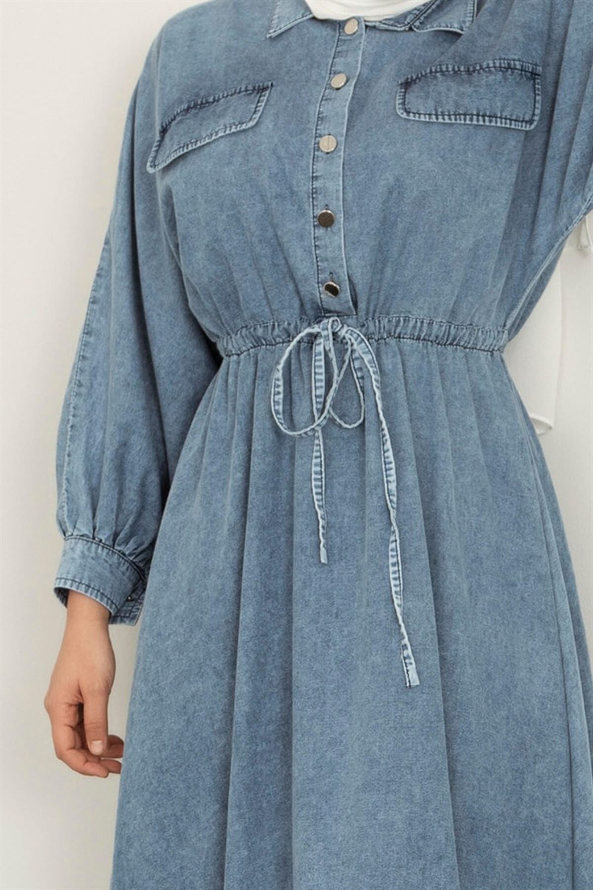 Kadın Belden Bağcıklı Kot Elbise - Mavi