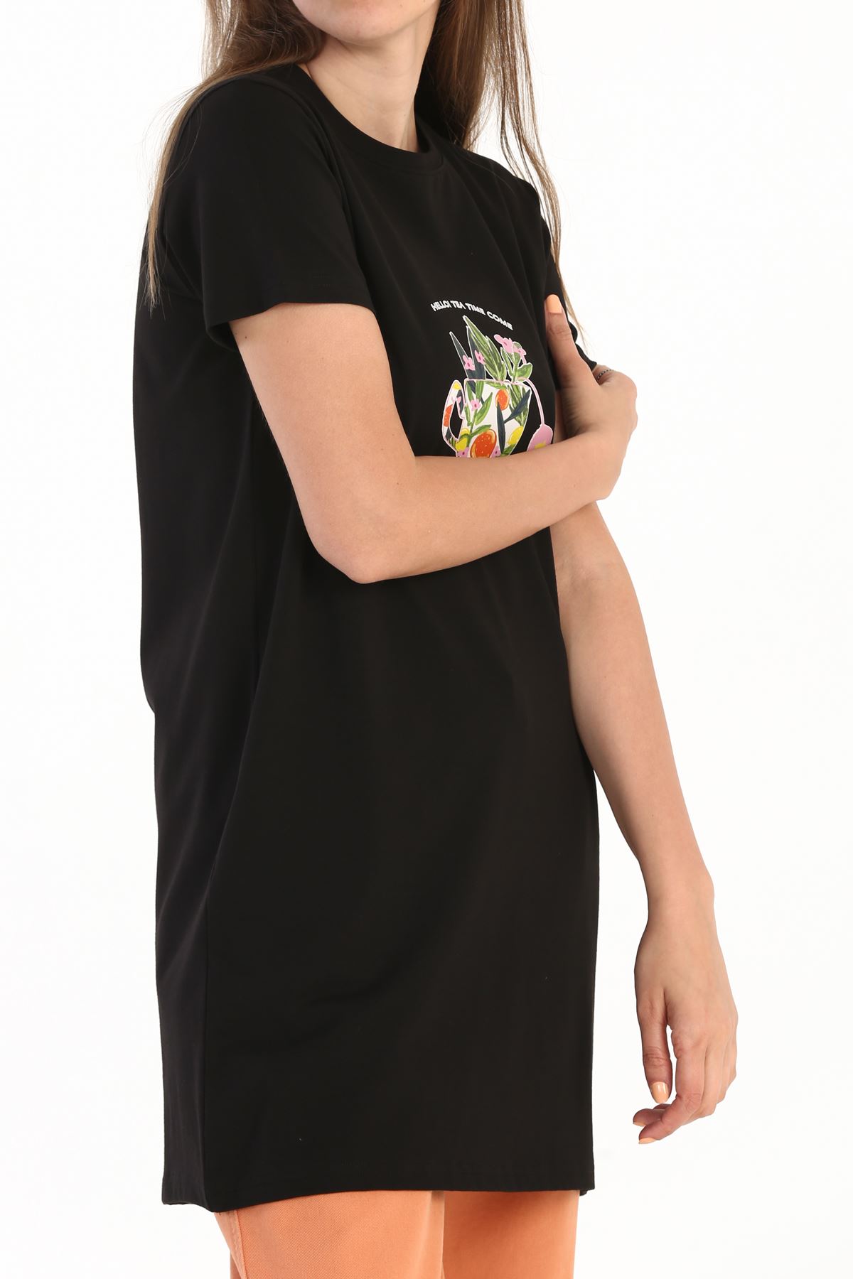  Kadın Baskılı Uzun T-Shirt-siyah