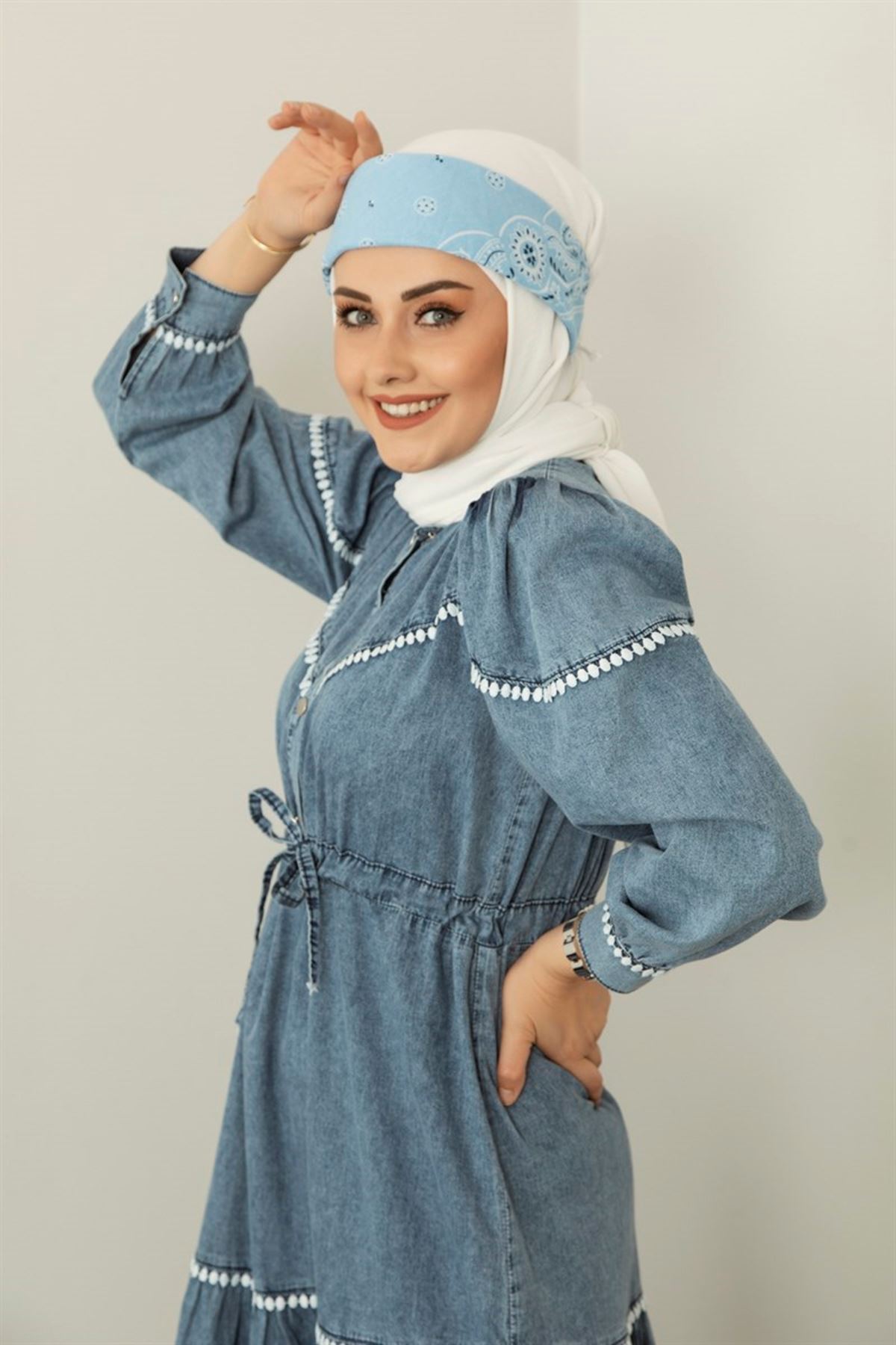 Kadın Beli Bağıcıklı  Kot Elbise-mavi