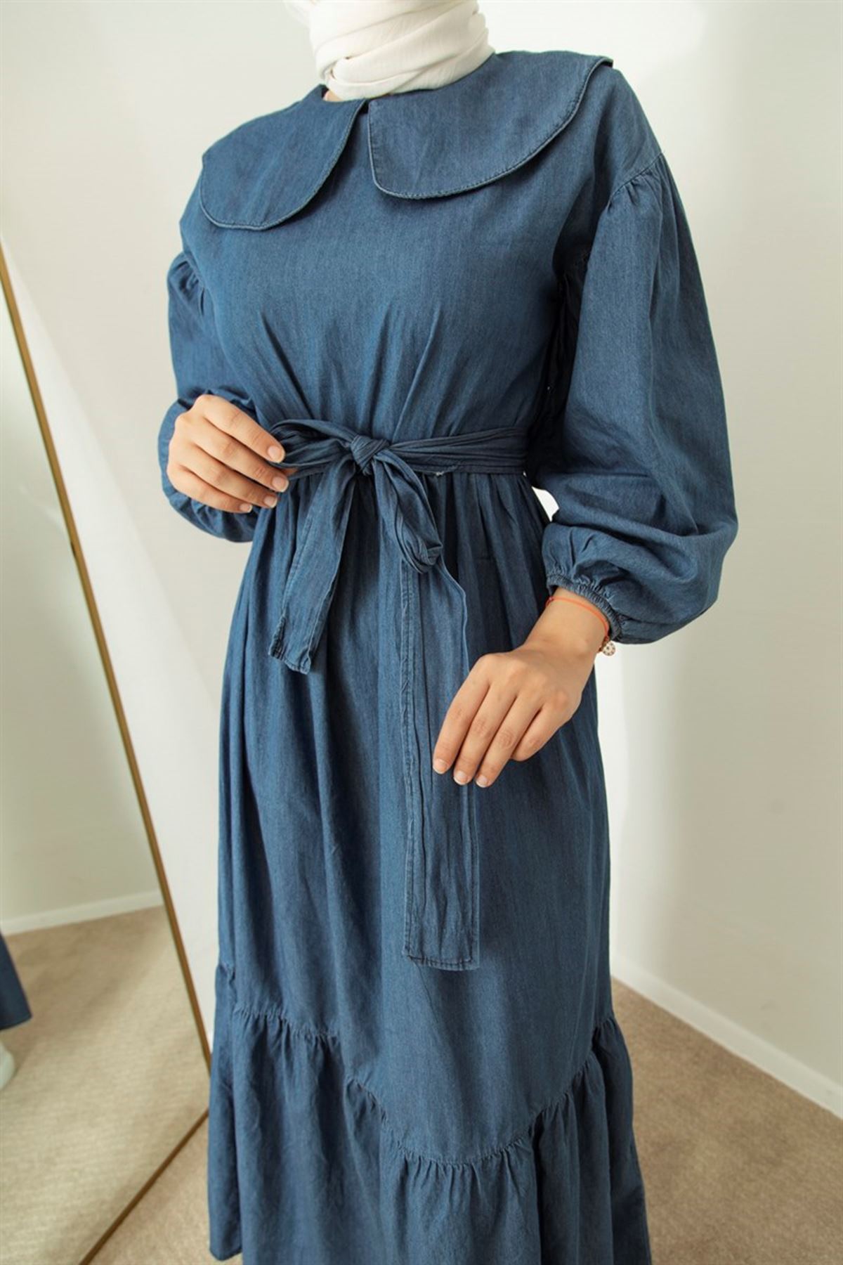  Kadın Bebe Yaka Kot Elbise-mavi