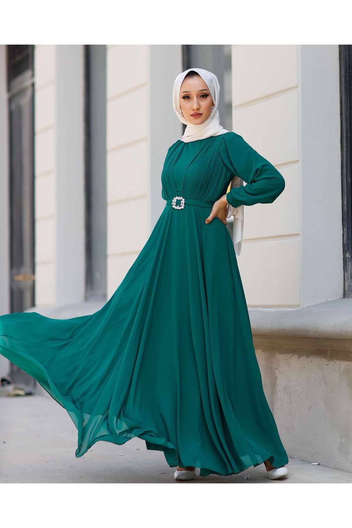  Kadın Kemeri Taşlı Elbise-yeşil
