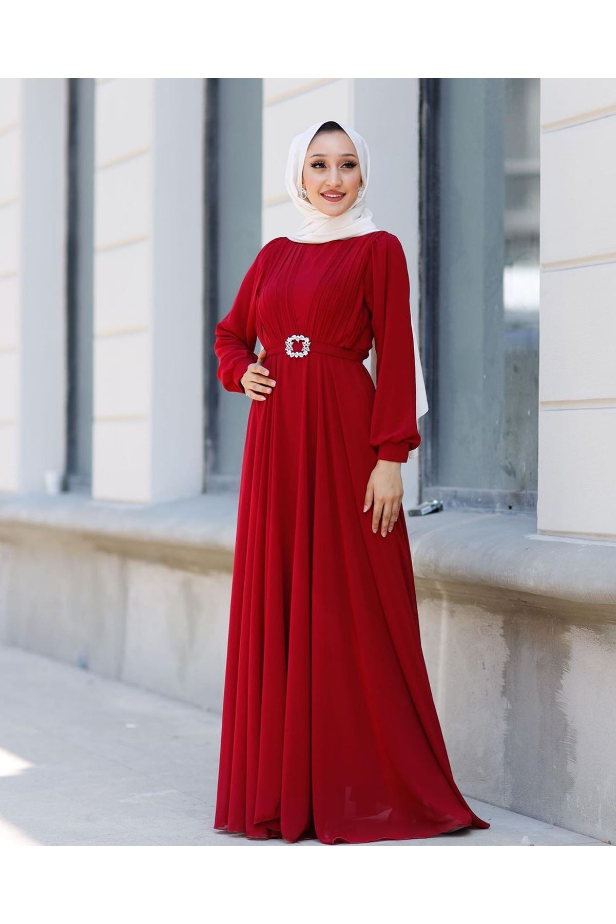  Kadın Kemeri Taşlı Elbise-kırmızı