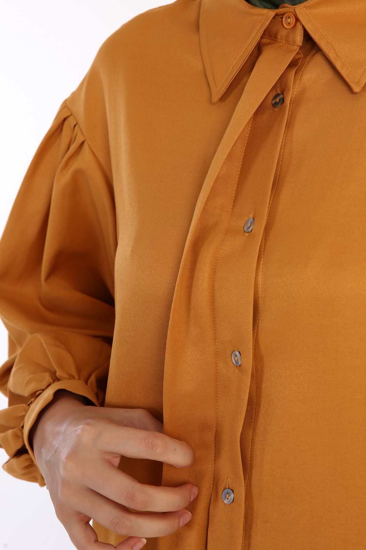 Kolları Pileli Önü Düğmeli Rahat Kalıp kadın Gömlek Tunik-hardal
