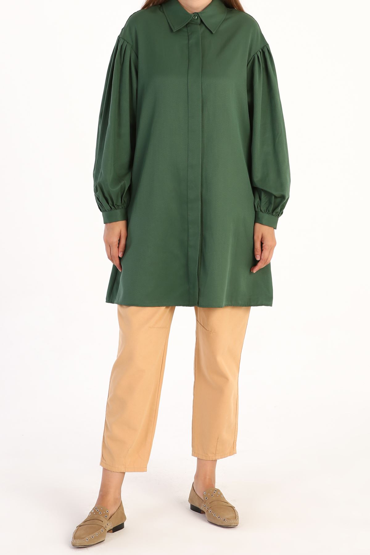 Kolları Pileli Önü Düğmeli Rahat Kalıp kadın Gömlek Tunik-yeşil