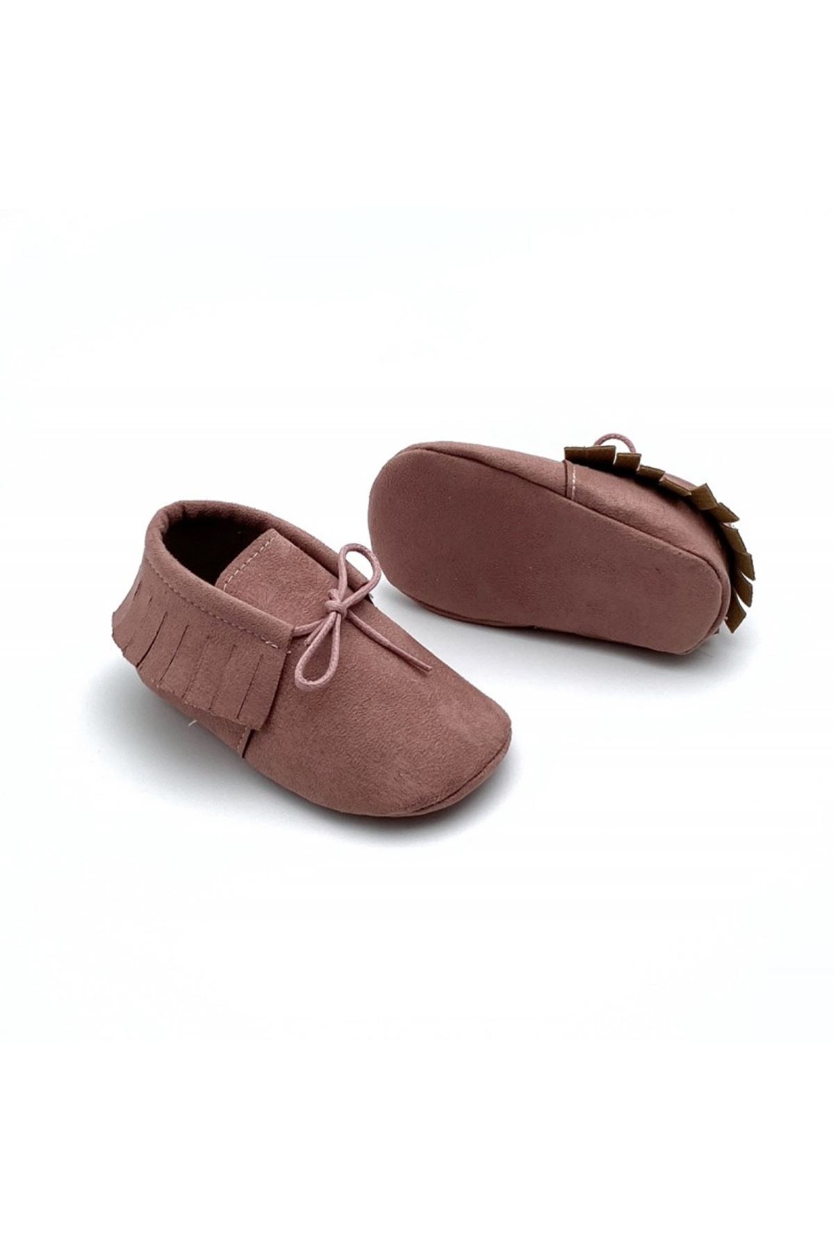 Baby Tuğra Elyapımı Bağcıklı Süet Makosen Patik Bebek Ayakkabı-Gülkurusu