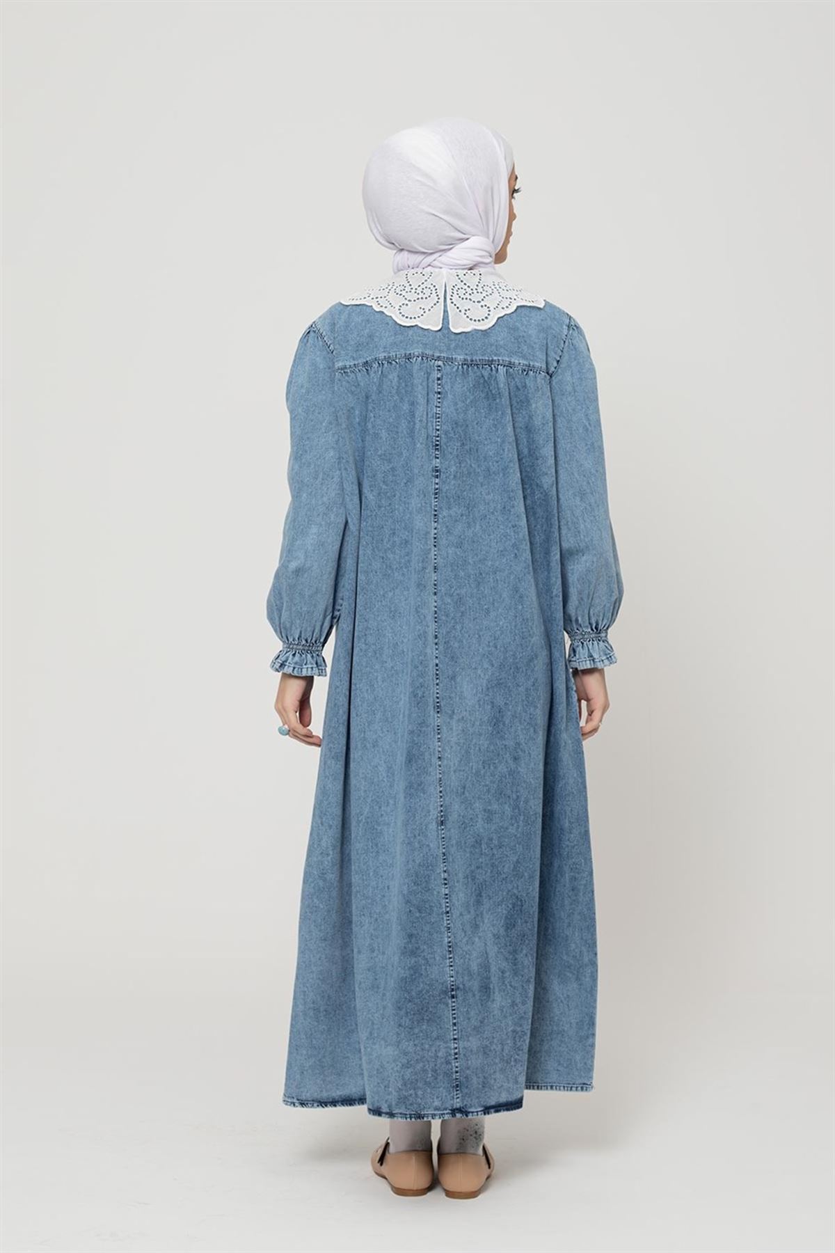 Kadın Yaka Dantelli Kot Elbise - Açık Mavi