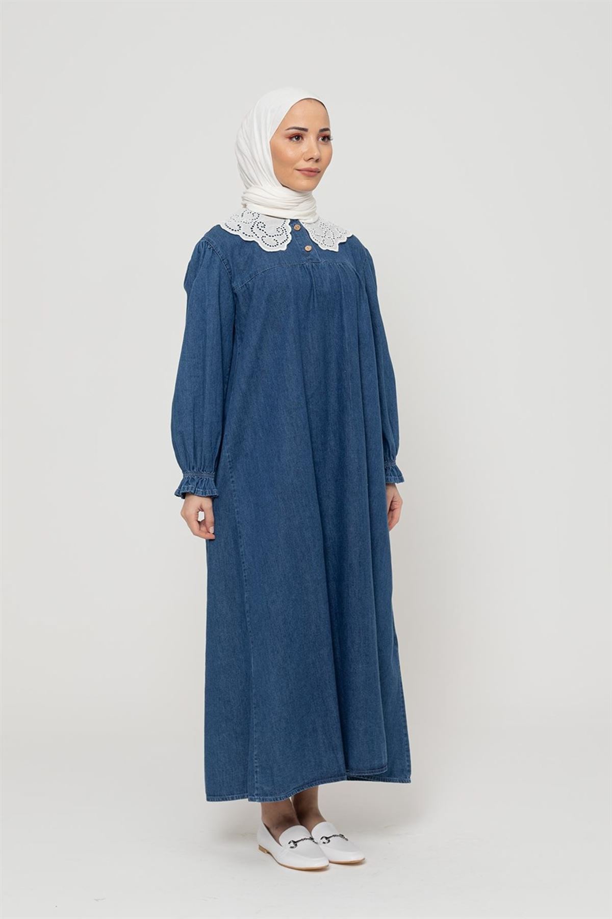 Kadın Yaka Dantelli Kot Elbise - Koyu Mavi