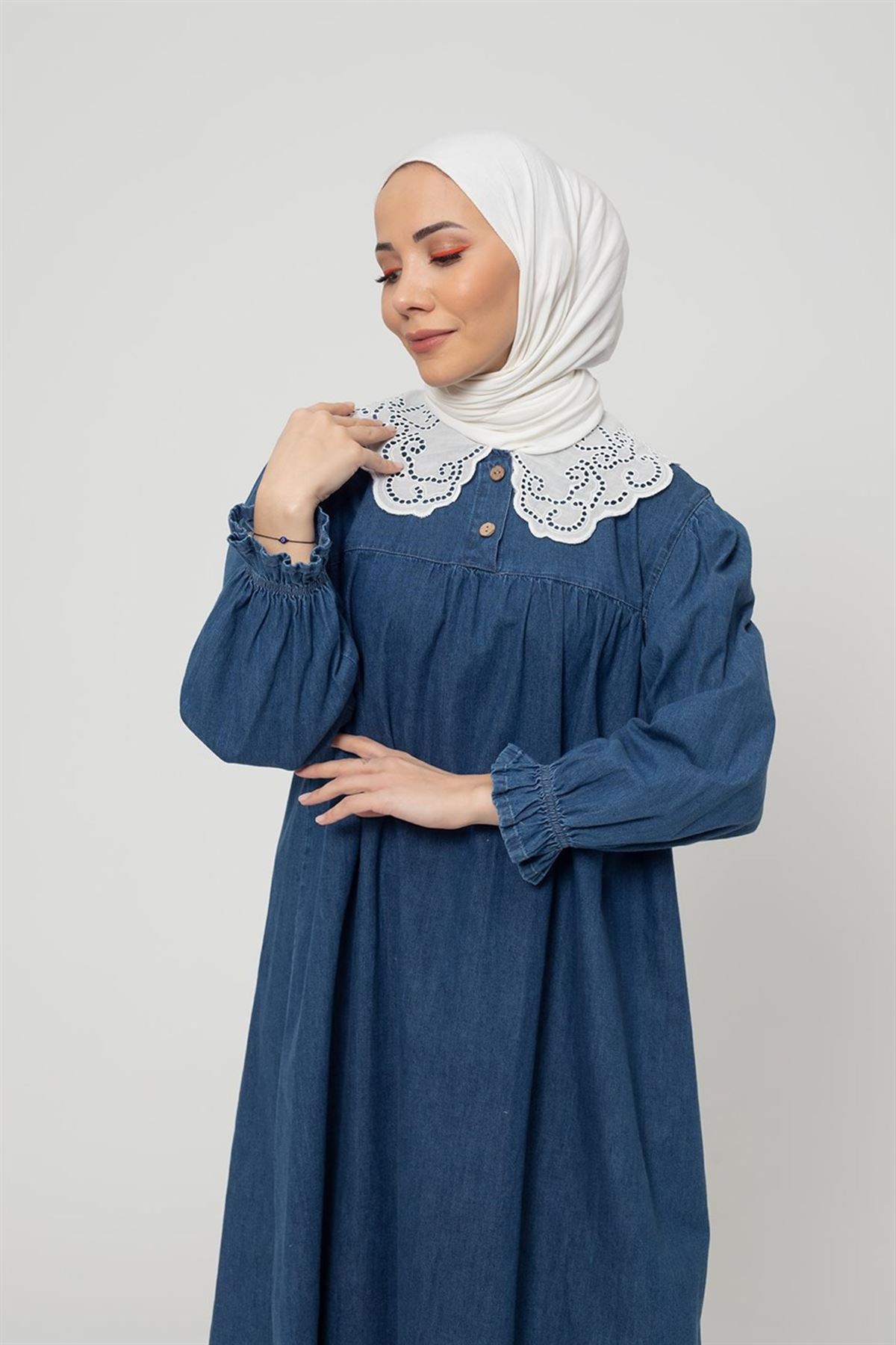 Kadın Yaka Dantelli Kot Elbise - Koyu Mavi