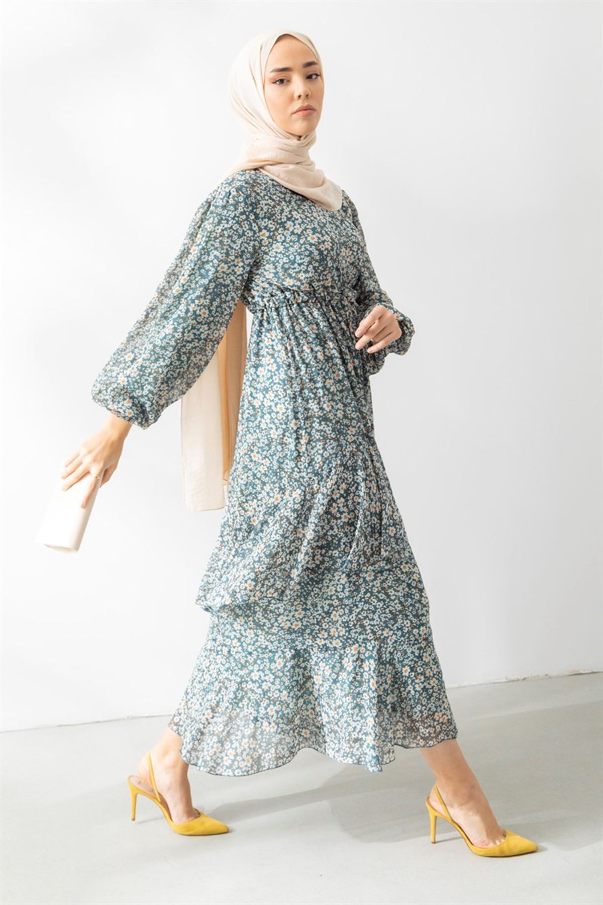  Kadın Çiçek Desenli Belden Bağcıklı  Şifon Elbise-Petrolyeşili