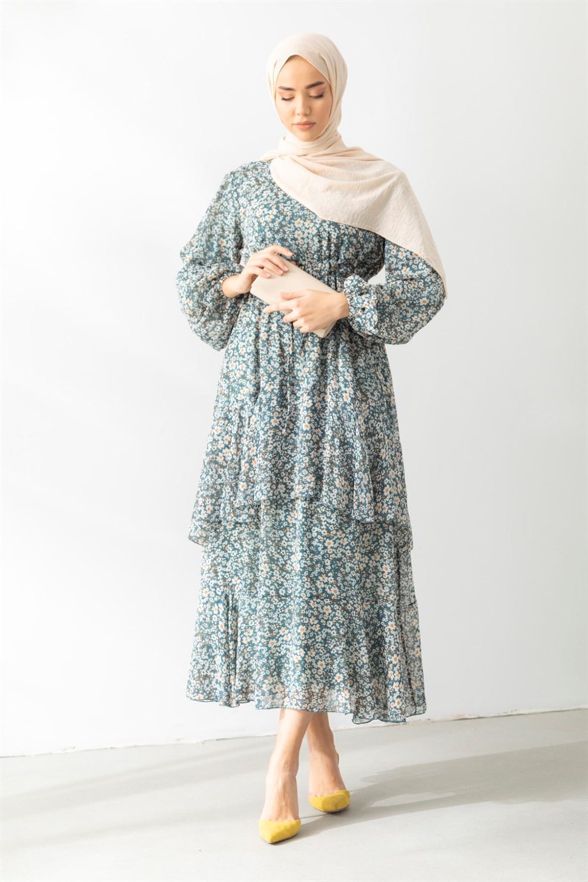  Kadın Çiçek Desenli Belden Bağcıklı  Şifon Elbise-Petrolyeşili