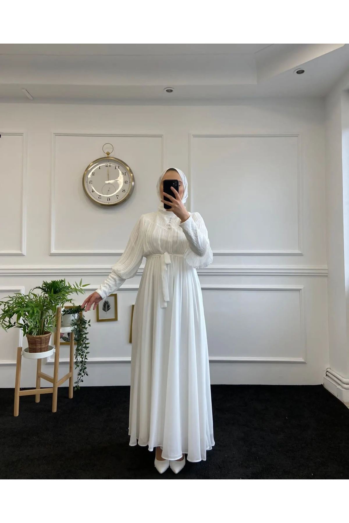  Kadın Dantel İşlemi Abiyemsi Elbise-Beyaz