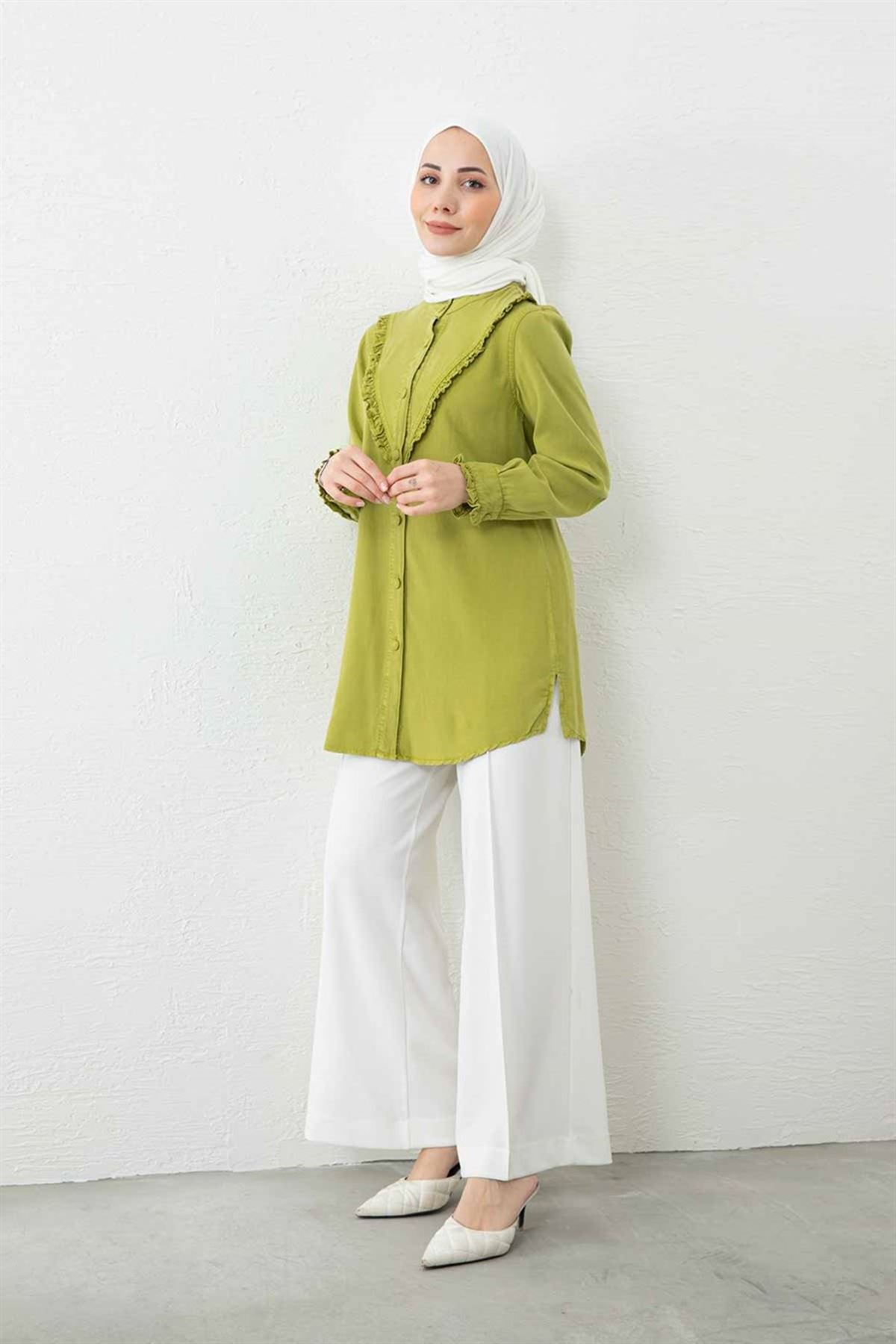  Kadın Düğmeli Fırfırlı Tensel Tunik -Yağ Yeşili