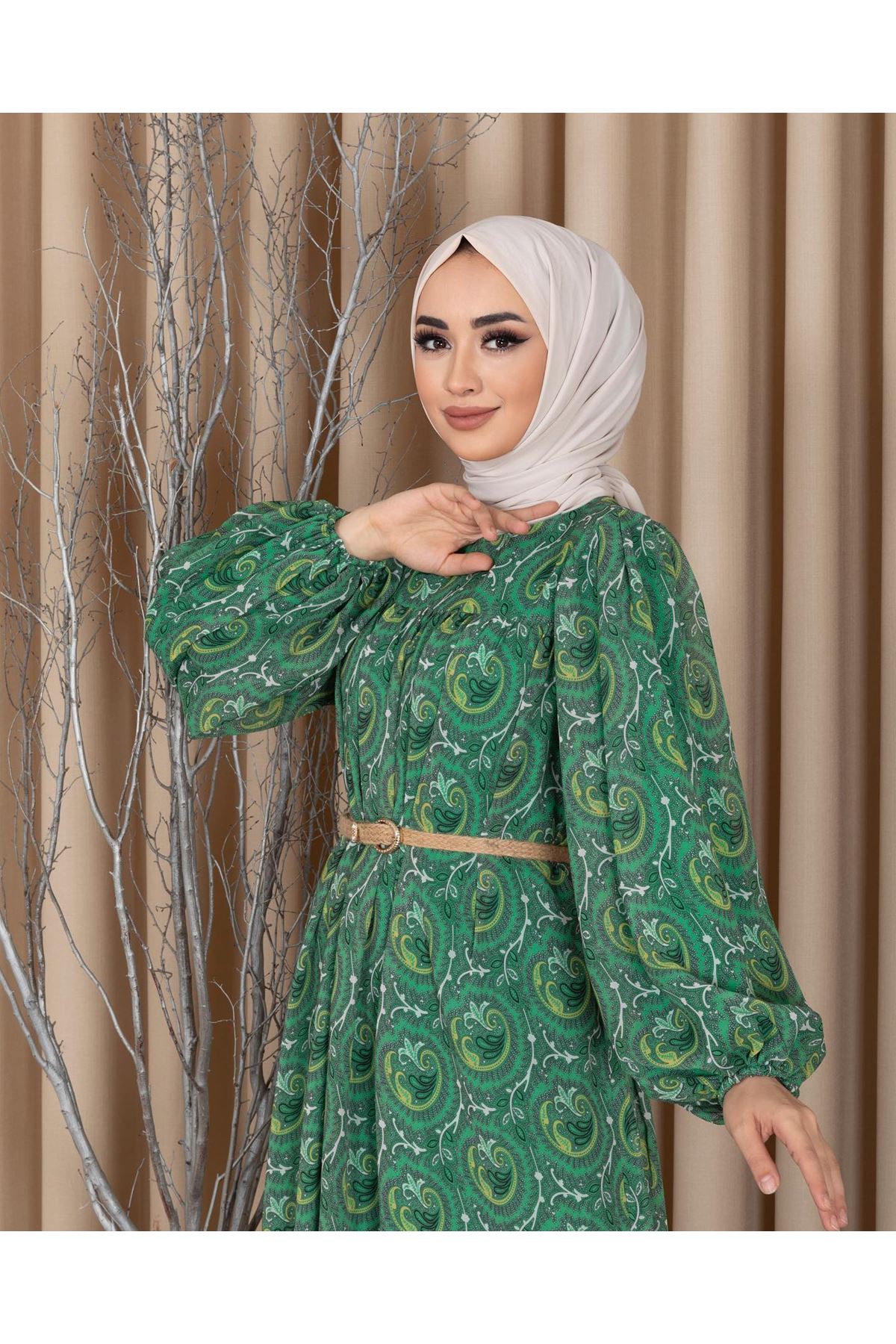 Kadın Desenli Hasır Kemerli Şifon Kadın Elbise-Yeşil
