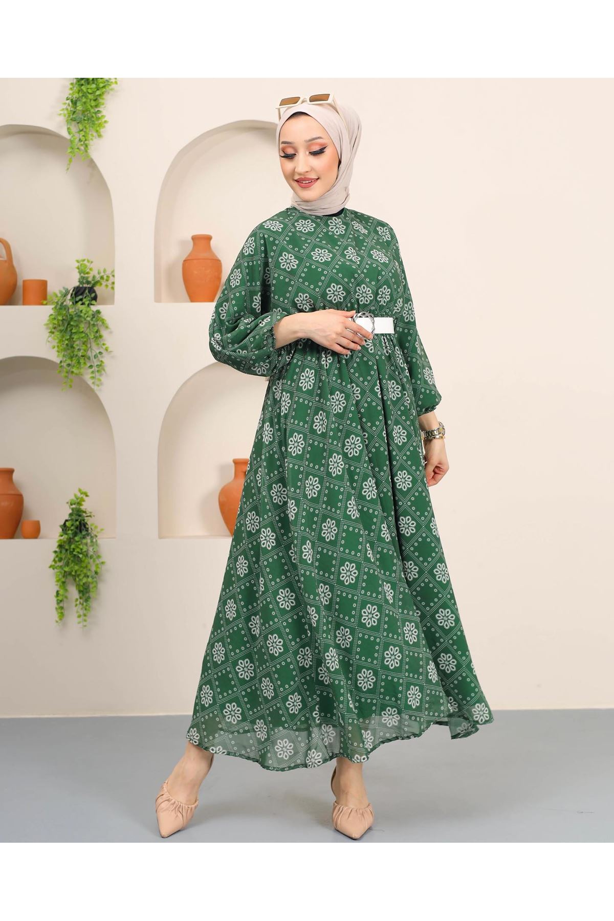 Kadın Papatya Desenli Elbise-Yeşil