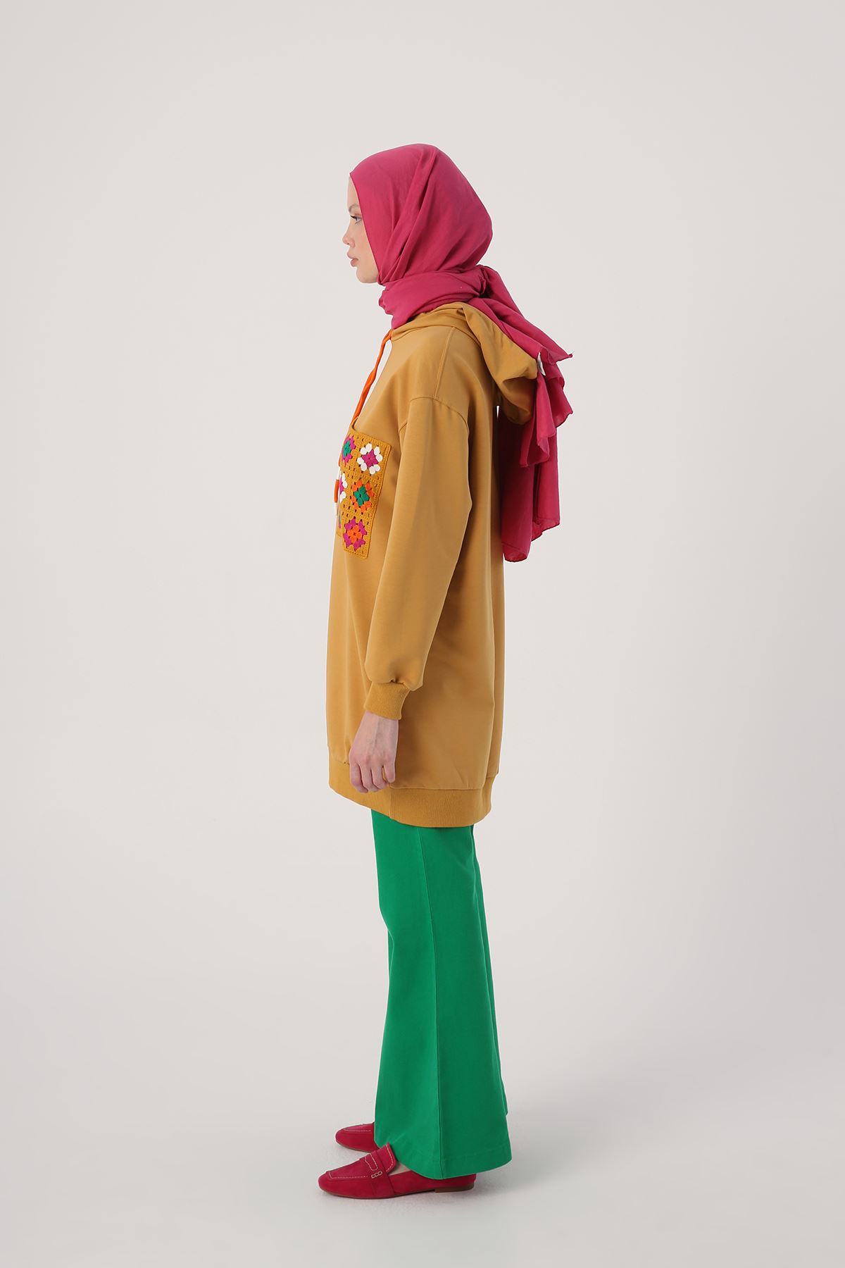 Oversize Renkli Dantel Cep Detaylı Kapüşonlu Sweat Tunik-Sarı