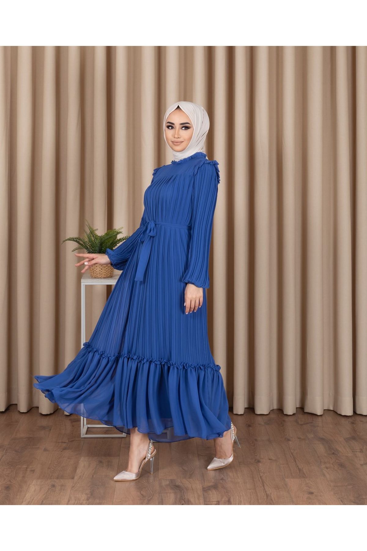 Kadın Piliseli Şifon Vizon Elbise-Mavi