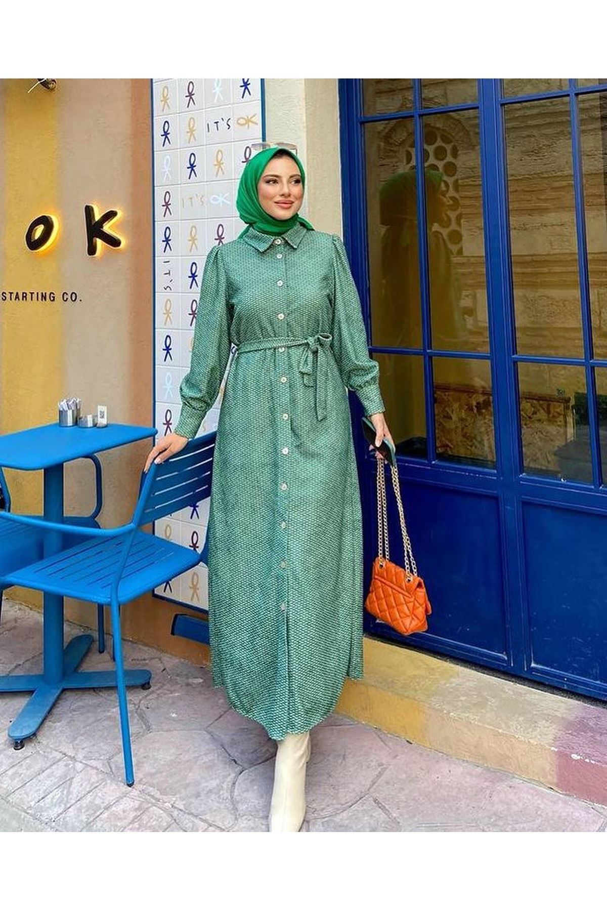 kadın Kadın Boydan Düğmeli  süet kaplama Elbise-yeşil 