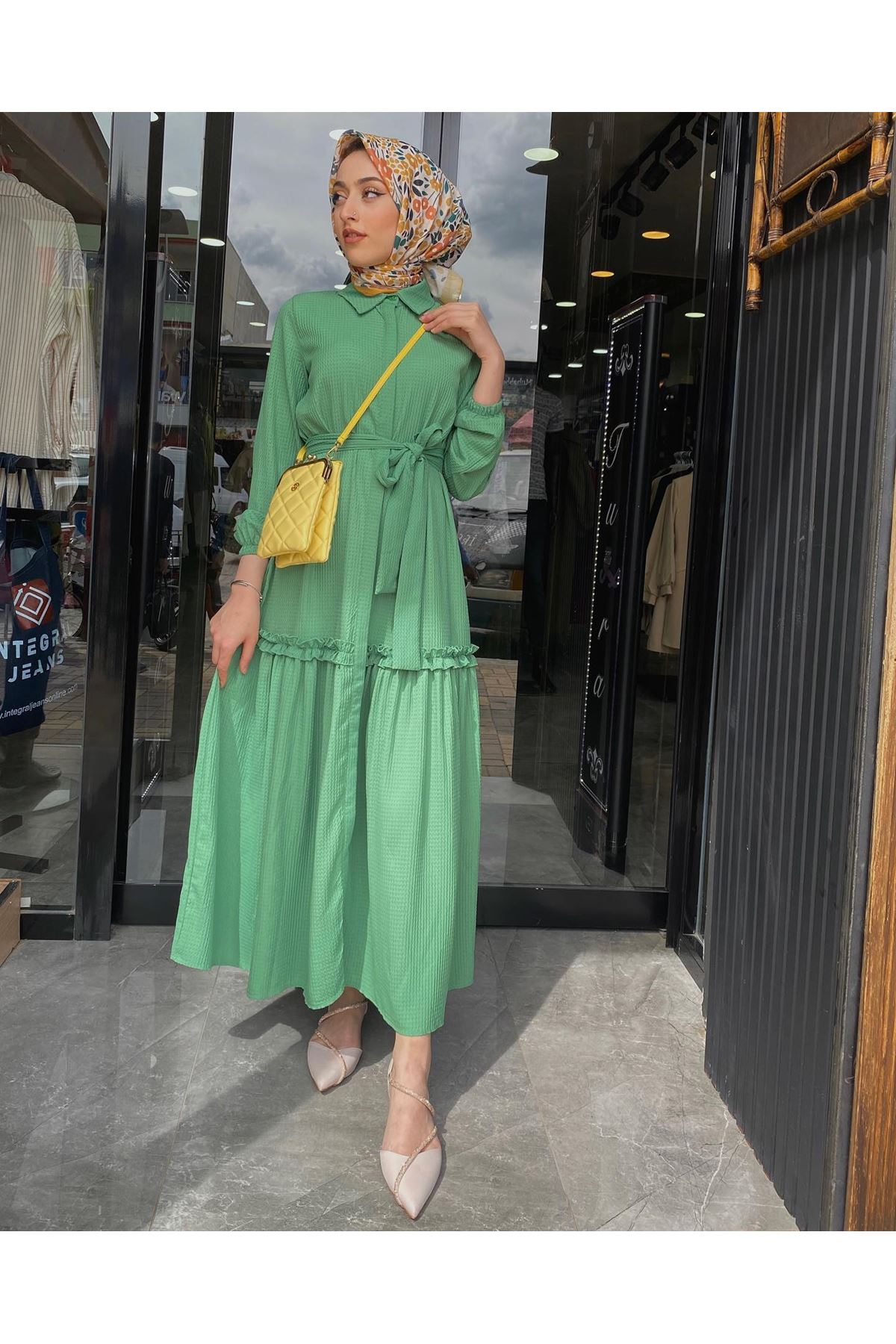  Petek Kumaş Kadın Elbise-Yeşil