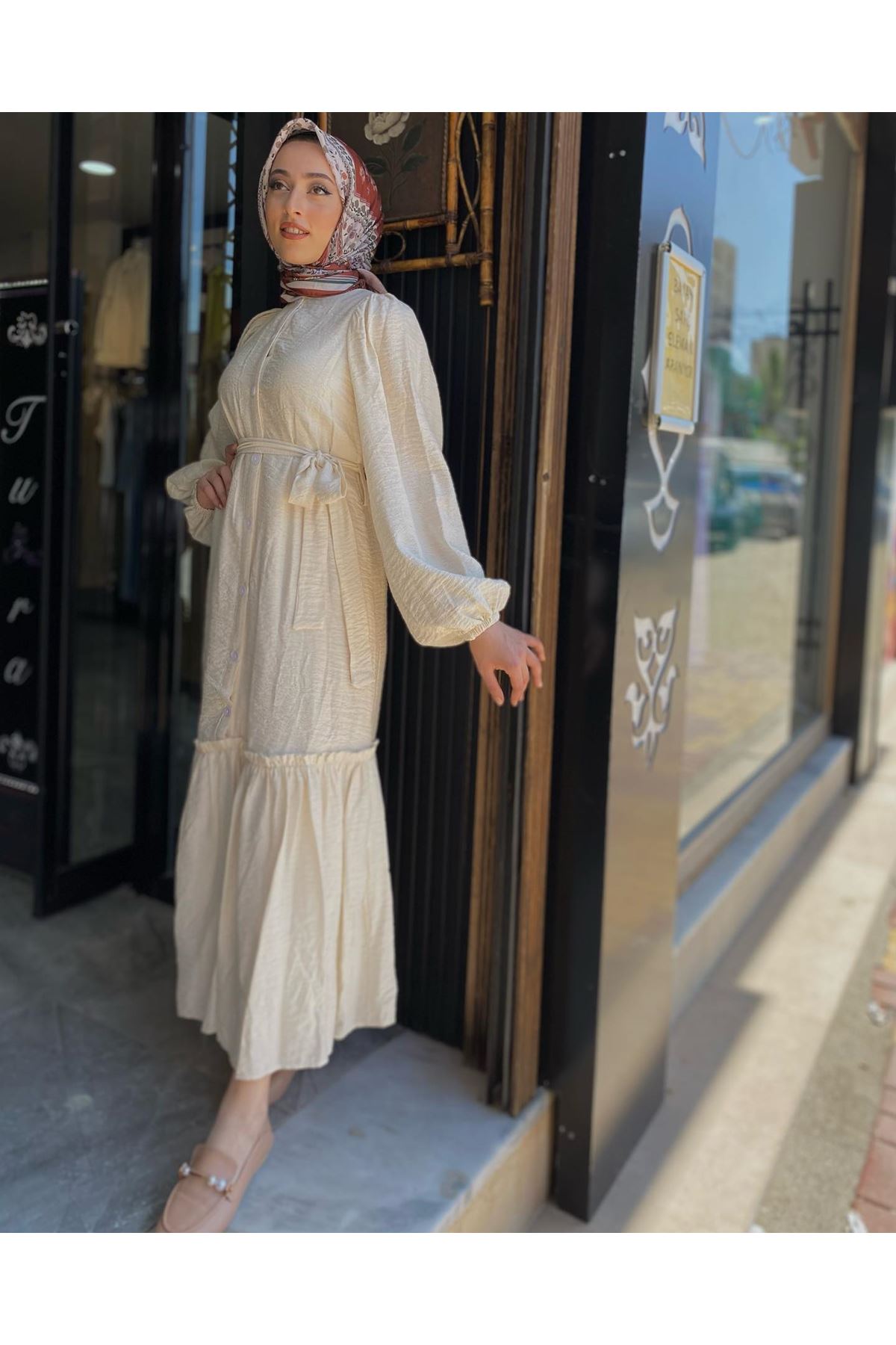  Boydan Düğmeli Altı Keşkeşli Elbise-Taş