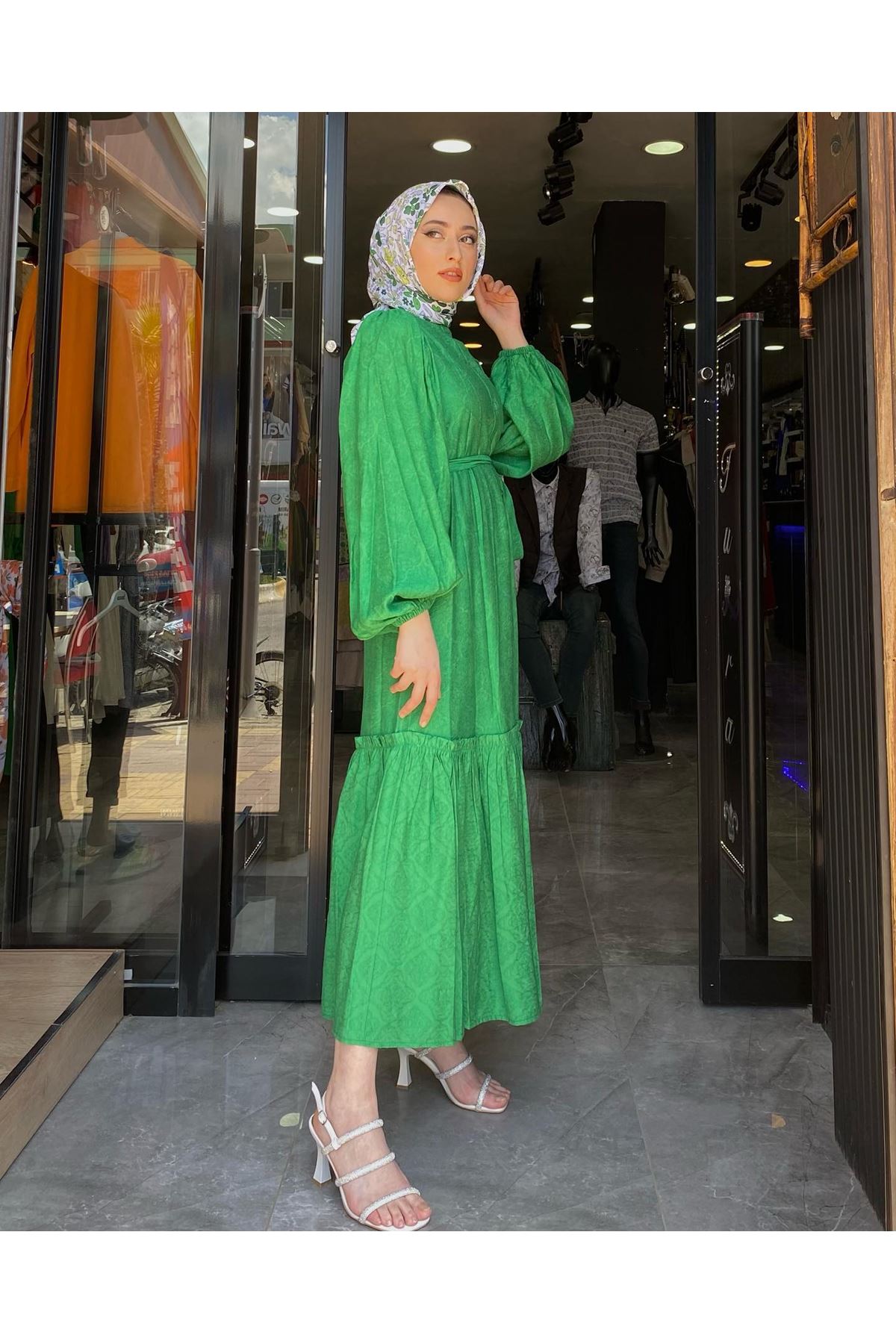  Boydan Düğmeli Altı Keşkeşli Elbise-Yeşil