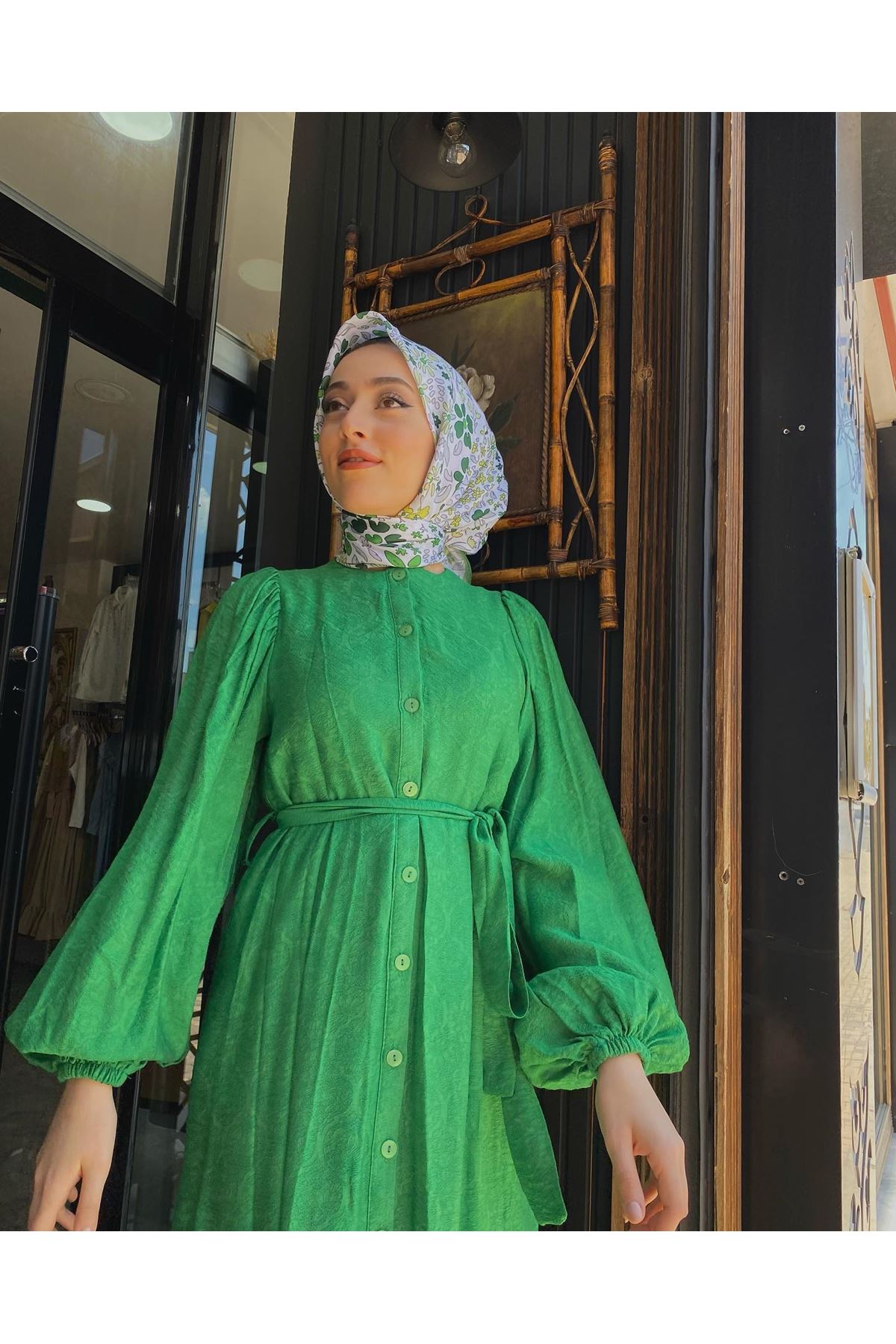  Boydan Düğmeli Altı Keşkeşli Elbise-Yeşil