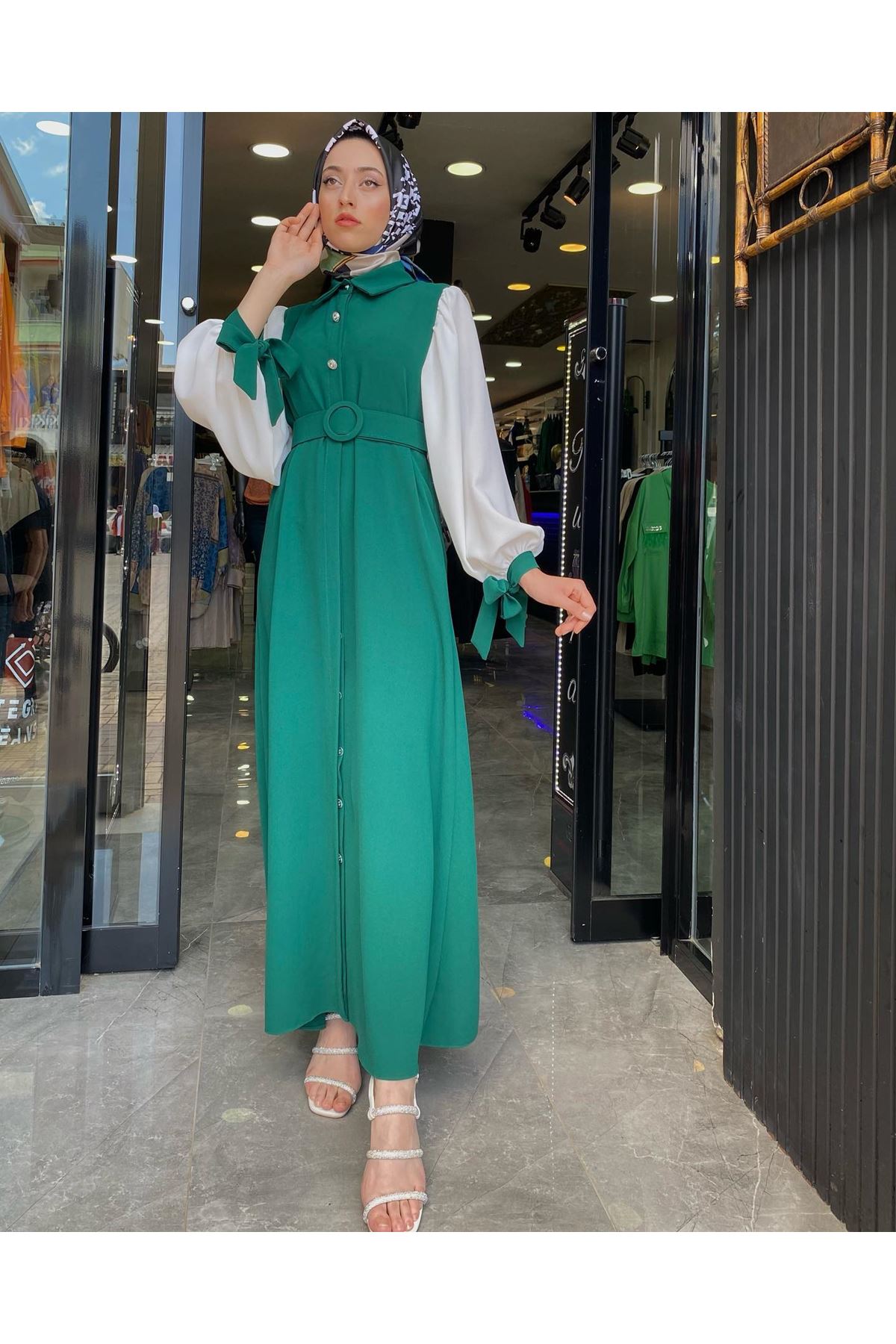  Balon Kol Boydan Düğmeli Kadın Elbise-Yeşil