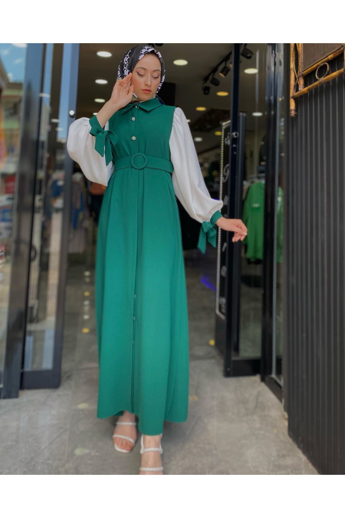 Balon Kol Boydan Düğmeli Kadın Elbise-Yeşil