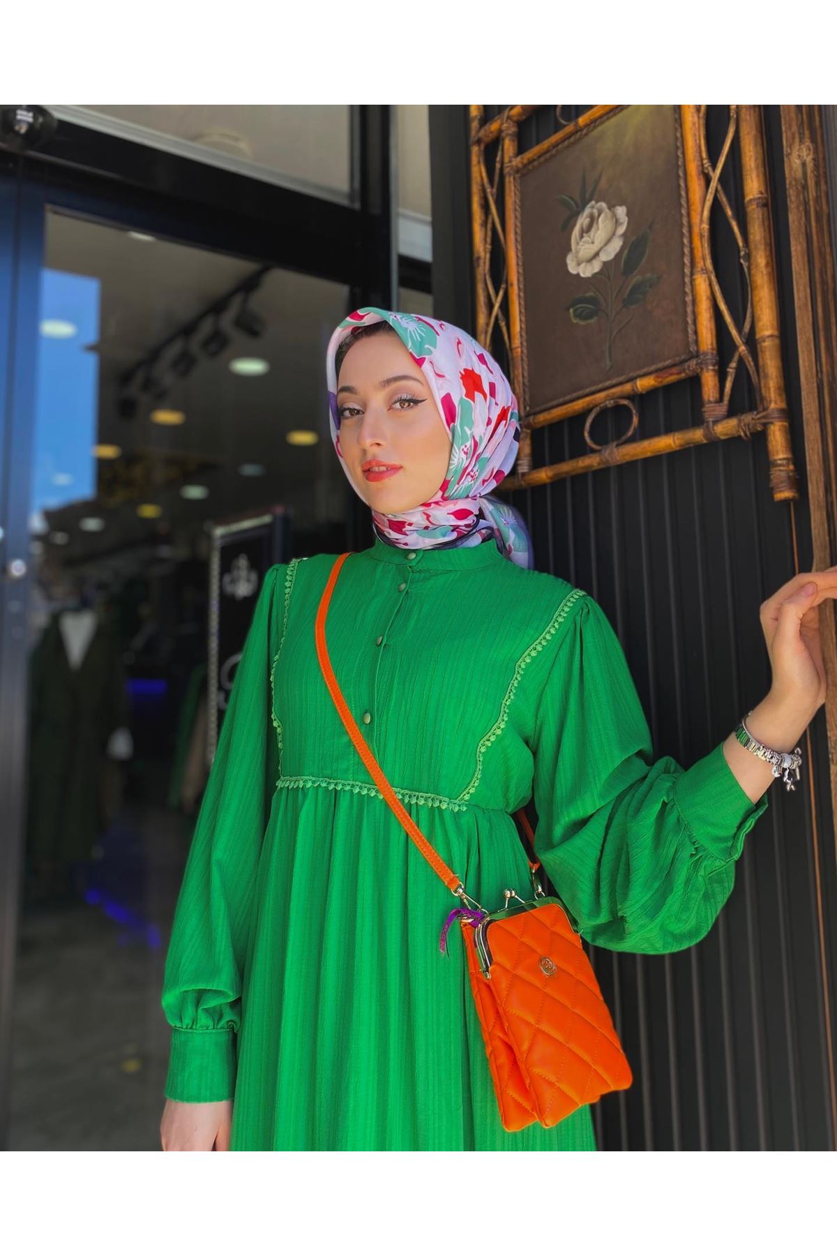 Keten Güpür İşlemeli Kadın Elbise-Yeşil