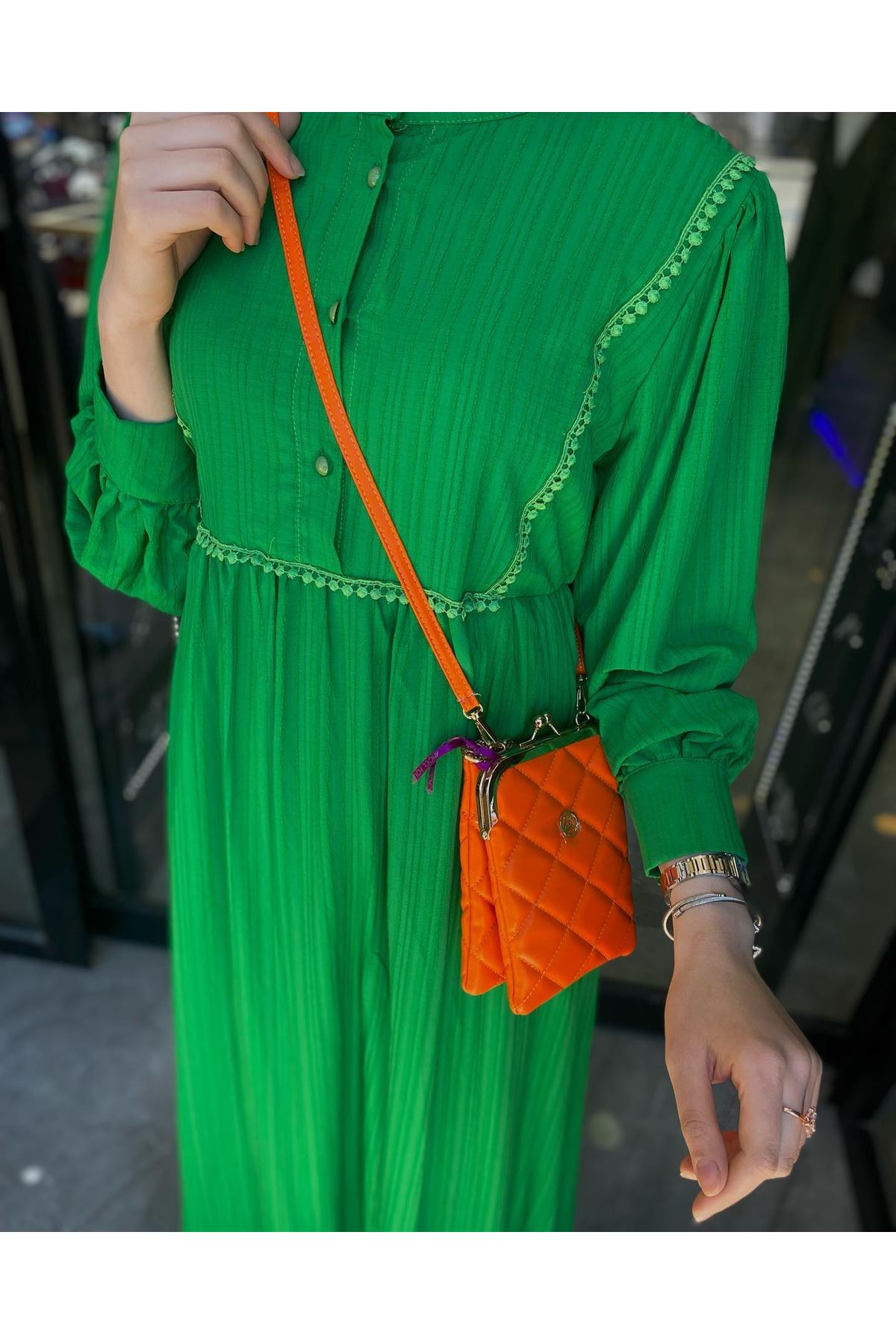 Keten Güpür İşlemeli Kadın Elbise-Yeşil