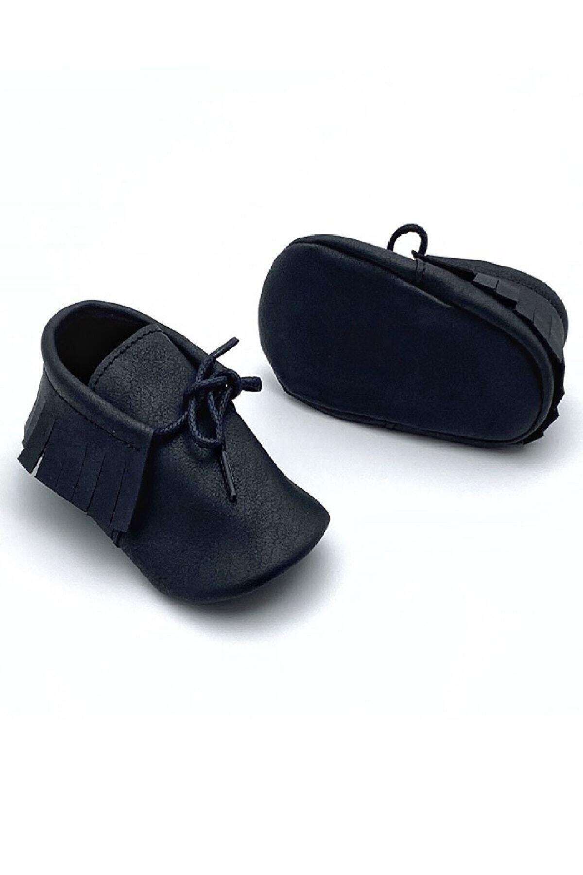 Baby Tuğra El Yapımı  Bağcıklı Makosen Patik Bebek Ayakkabı - Siyah