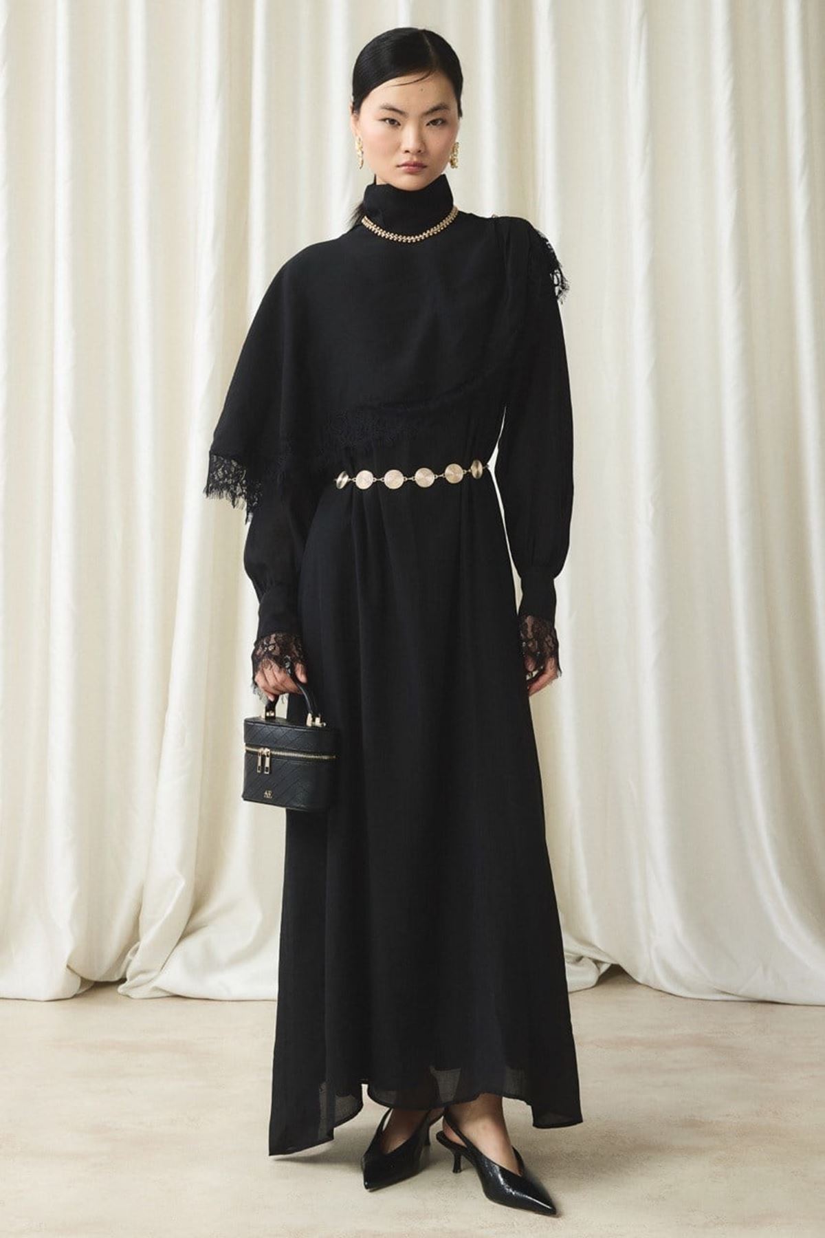 Aller Dantel Detaylı Elbise-Siyah