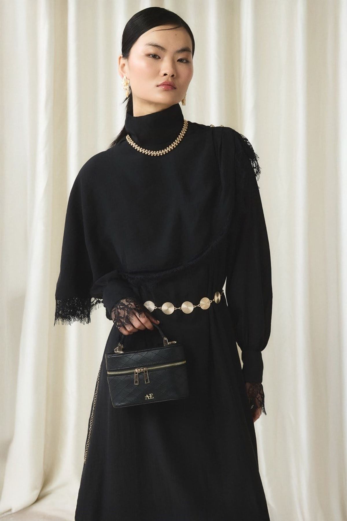 Aller Dantel Detaylı Elbise-Siyah