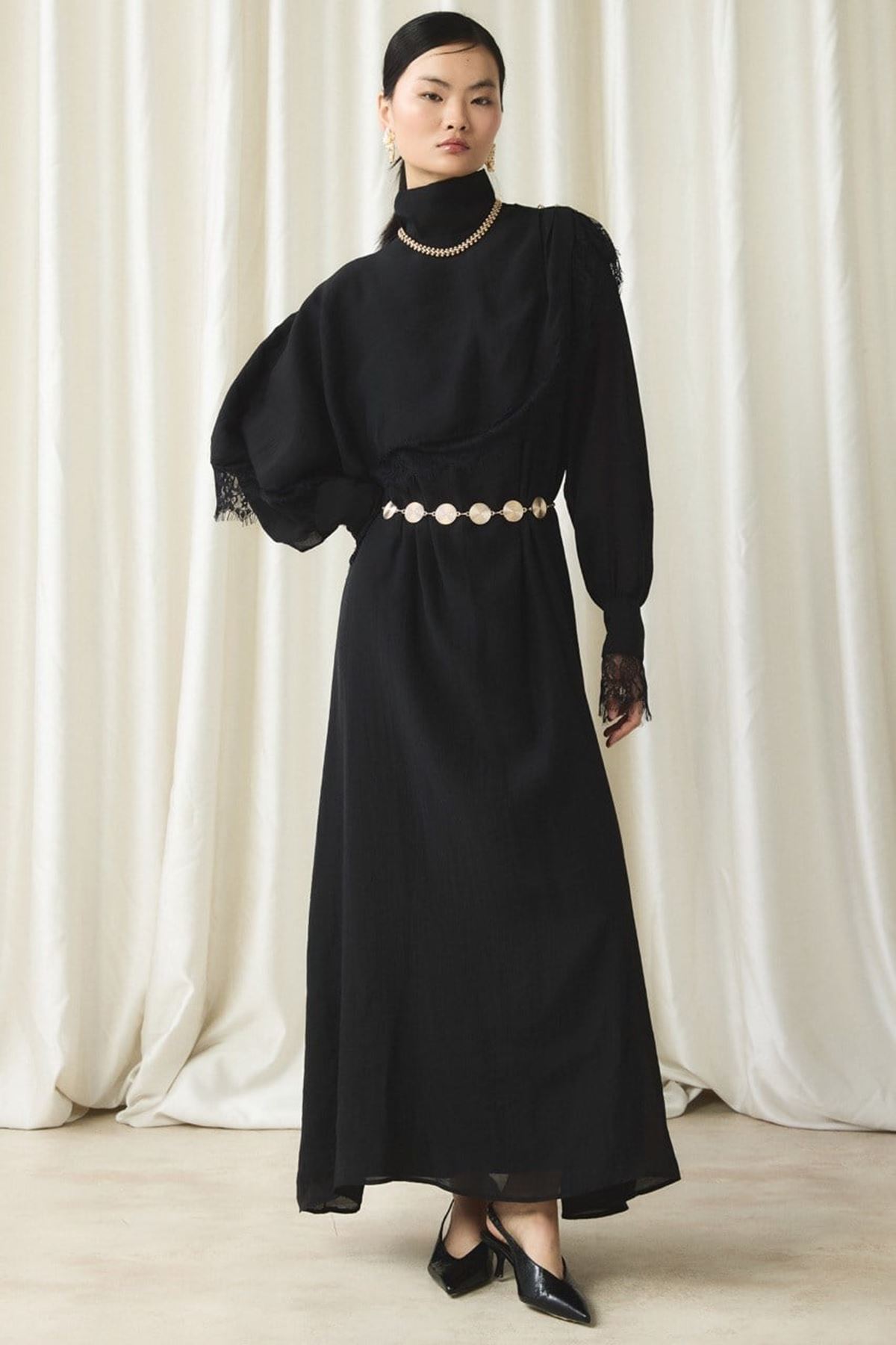 Aller Dantel Detaylı Elbise-Siyah