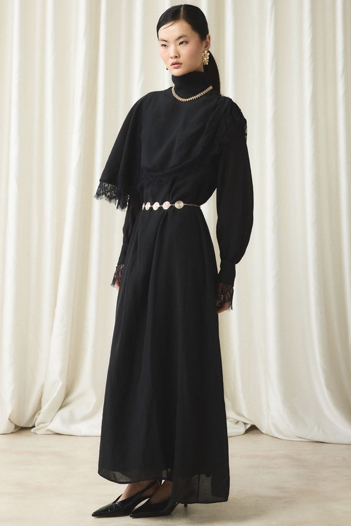 Aller Dantel Detaylı Elbise-Siyah