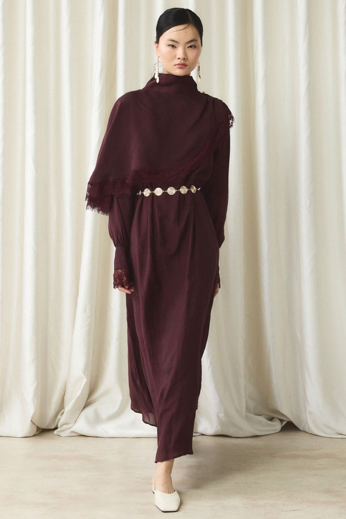  Aller Dantel Detaylı Elbise-Bordo