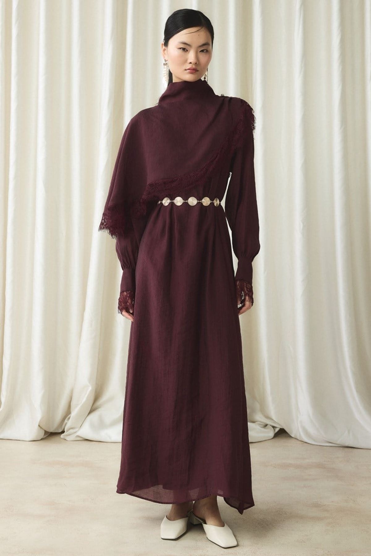  Aller Dantel Detaylı Elbise-Bordo